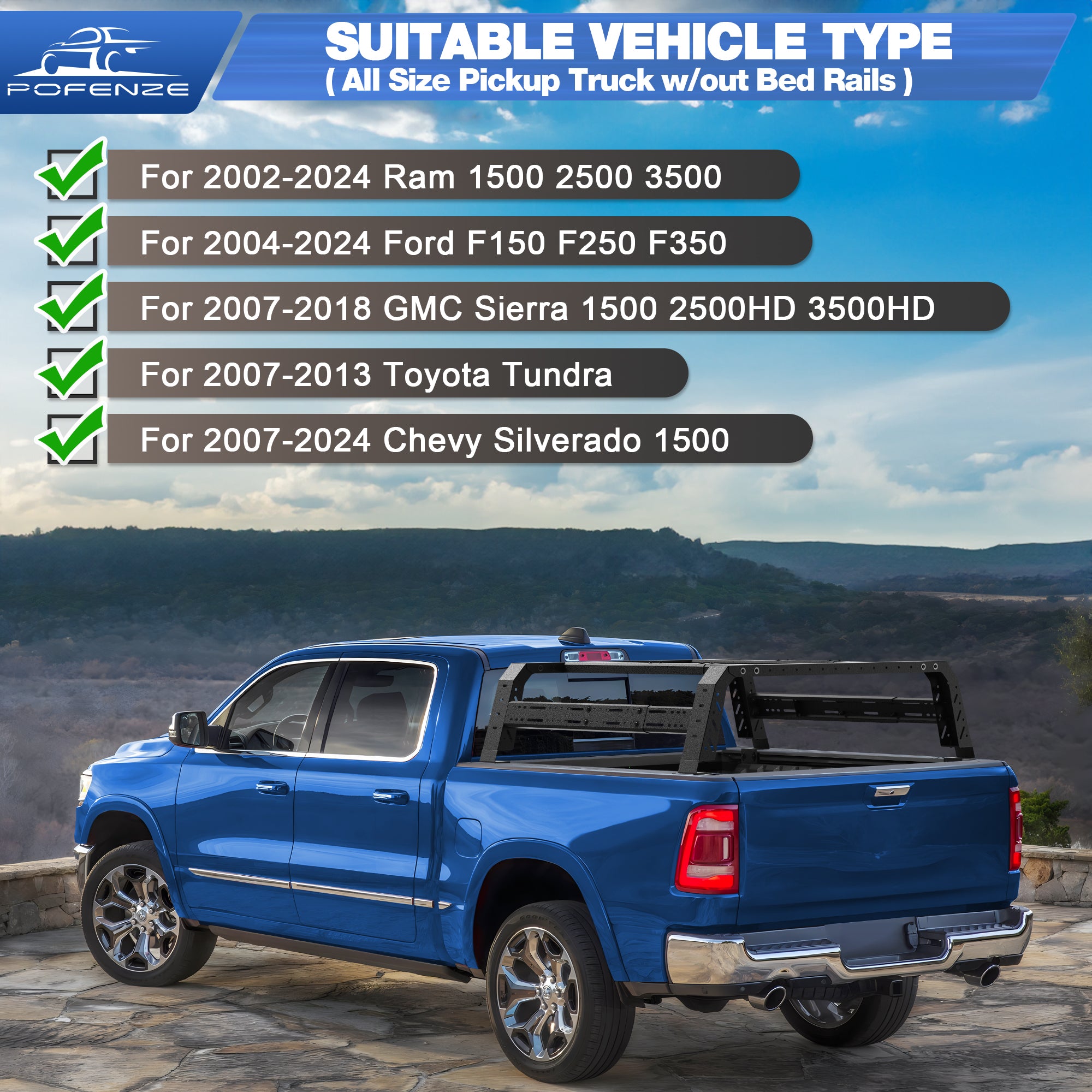 Adjustable 49.2"-70.8" Length Truck Bed Rack for Mid Size & Full Size Trucks w/Out Bed Rails Overlanding Bed Rack Compatible for Ram 1500 2500 3500, Toyota Tundra, Chevy Silverado, GMC Sierra