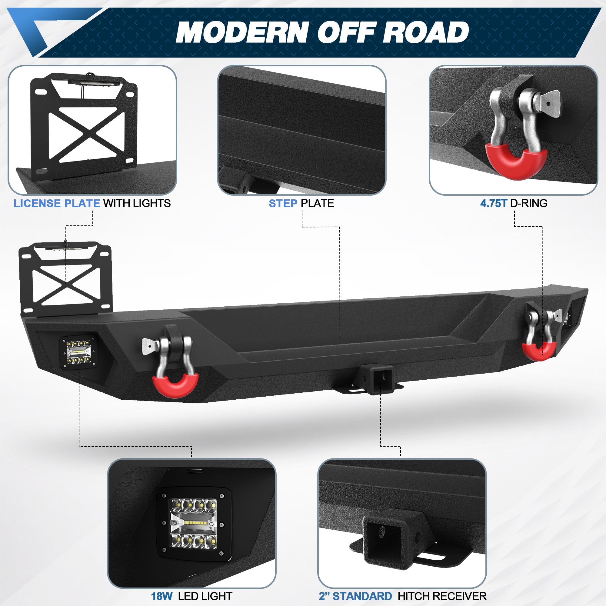 Rear Bumper Full Width for Wrangler JL JLU 2019-2024, Textured Black Rear Bumper with 2" Hitch Receiver