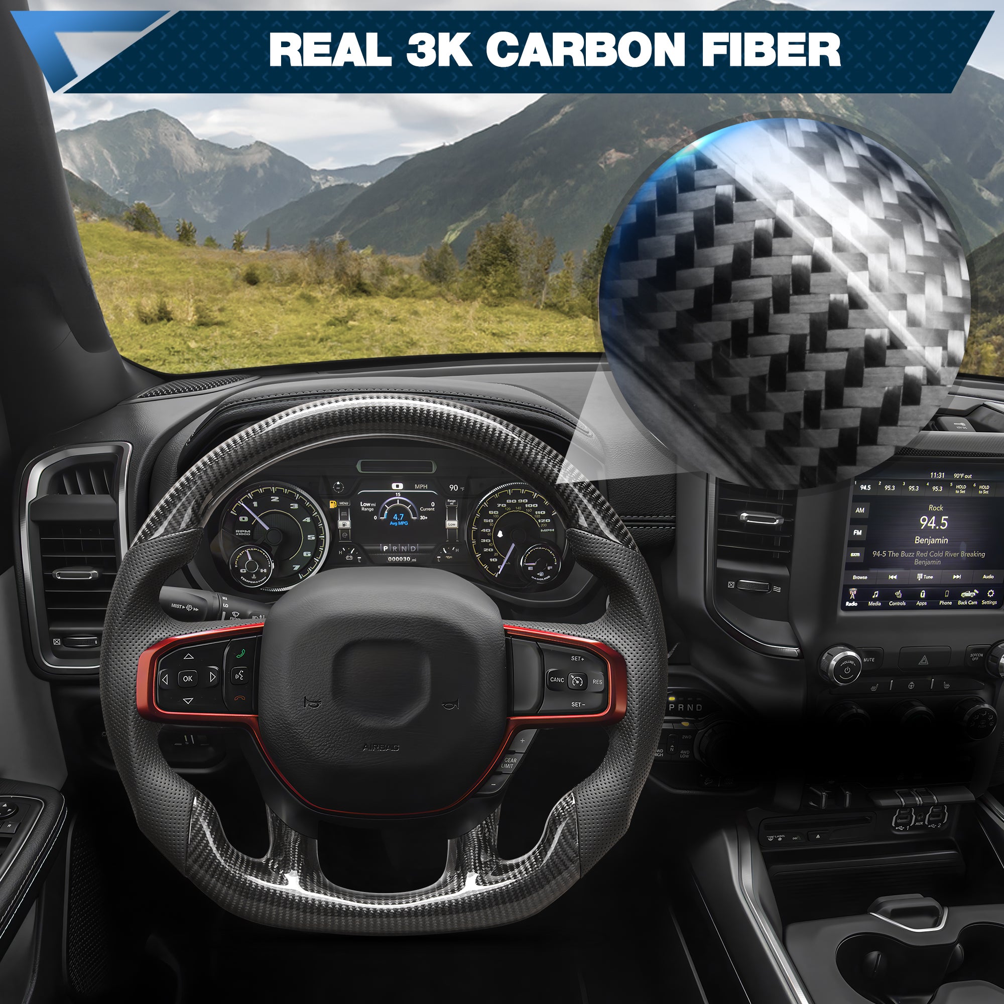 Carbon Fiber Steering Wheel For Dodge Ram TRX 1500 2019-2024 without Paddle Shifter hole D-shaped Flat-bottom Nappa Perforated Leather Steering Wheel Grip Hand-Stitched