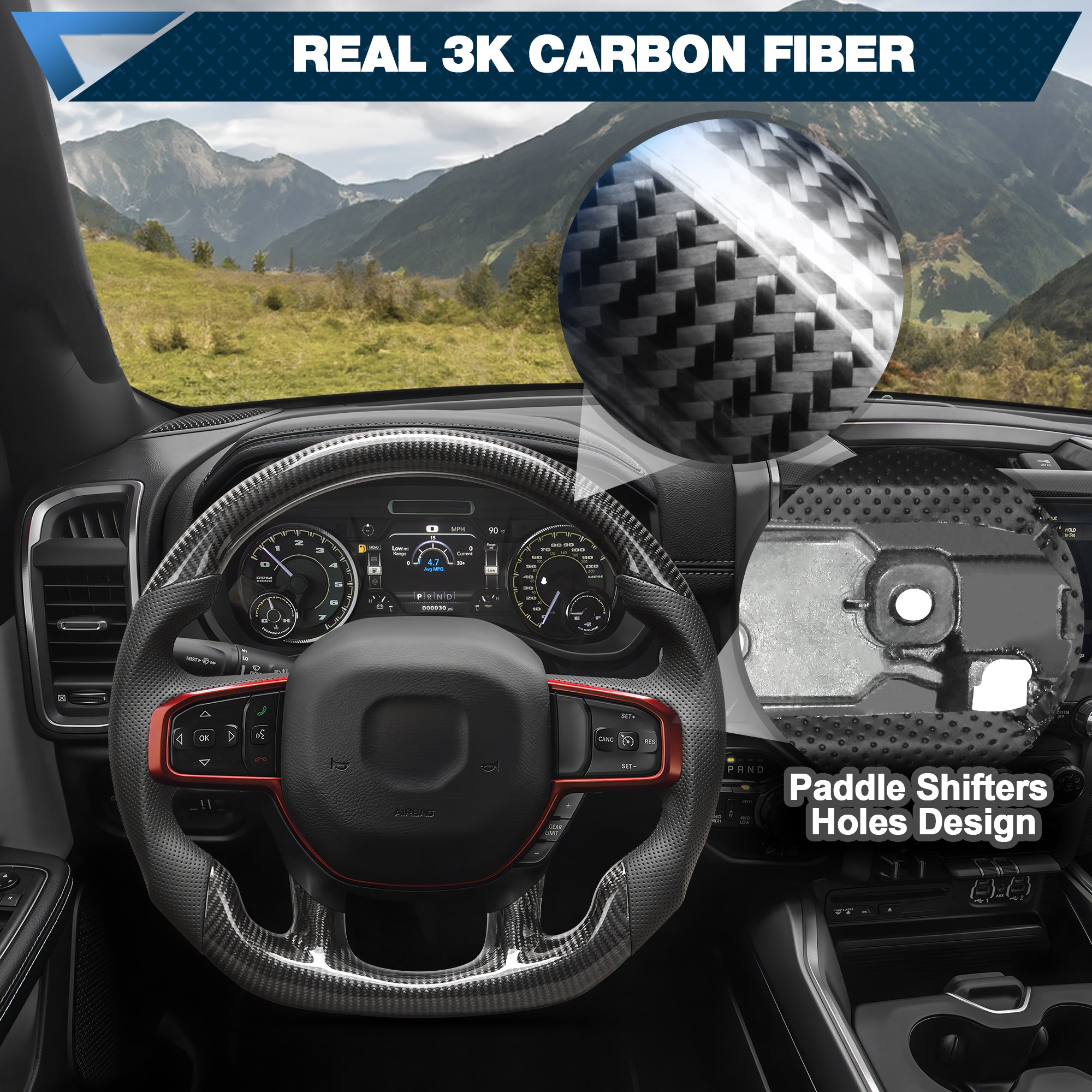 Real Carbon Fiber Steering Wheel For Dodge Ram TRX 1500 2019-2024 with Paddle Shifter hole Nappa Perforated Leather D-shaped Flat-bottom Steering Wheel Grip Hand-Stitched