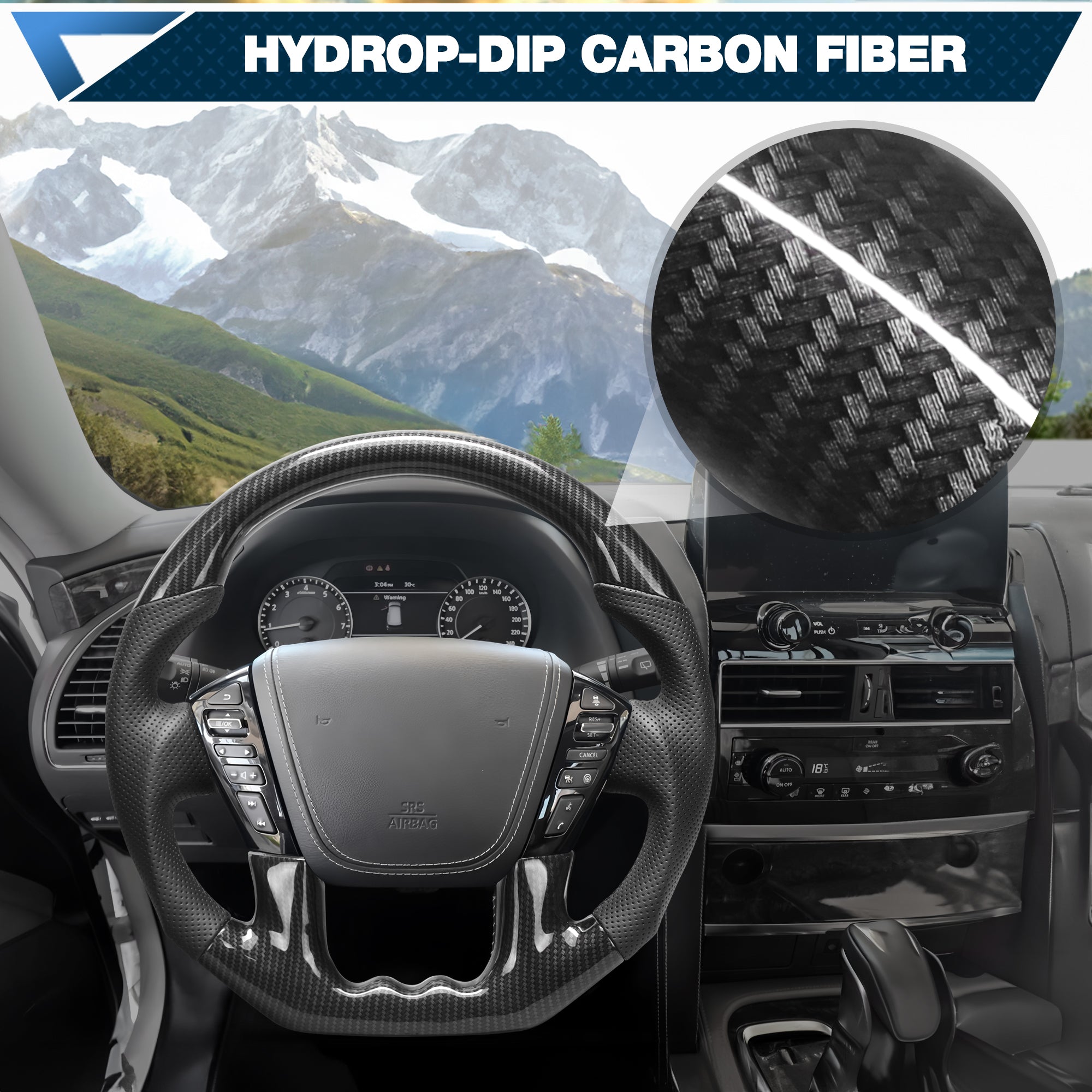 Hydro-Dip Carbon Fiber Steering Wheel For Nissan Patrol Y62 2019-2024 D-shaped With stitching Nappa Perforated Leather Flat-bottom Steering Wheel