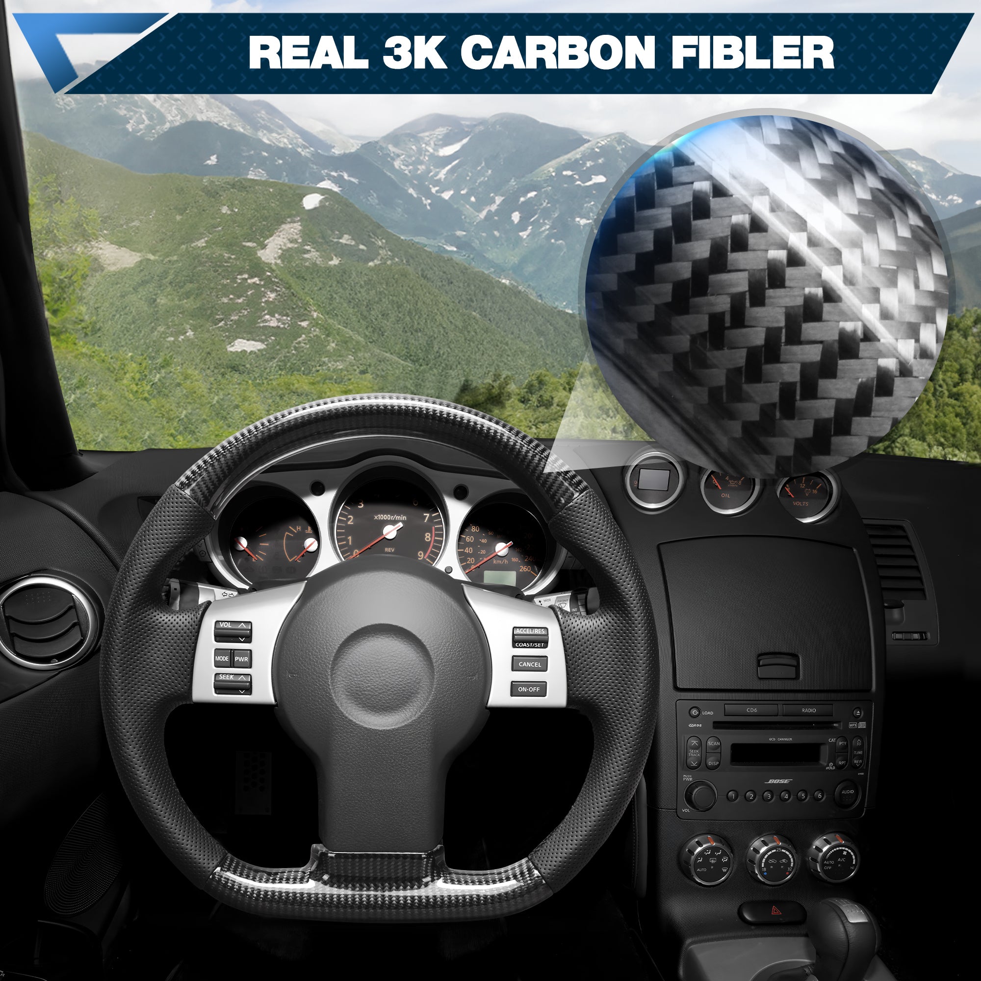 Carbon Fiber Steering Wheel For Nissan 350Z 2003-2009 Nappa Perforated Leather D-shaped Flat-bottom Grip Hand-Stitched Steering Wheel