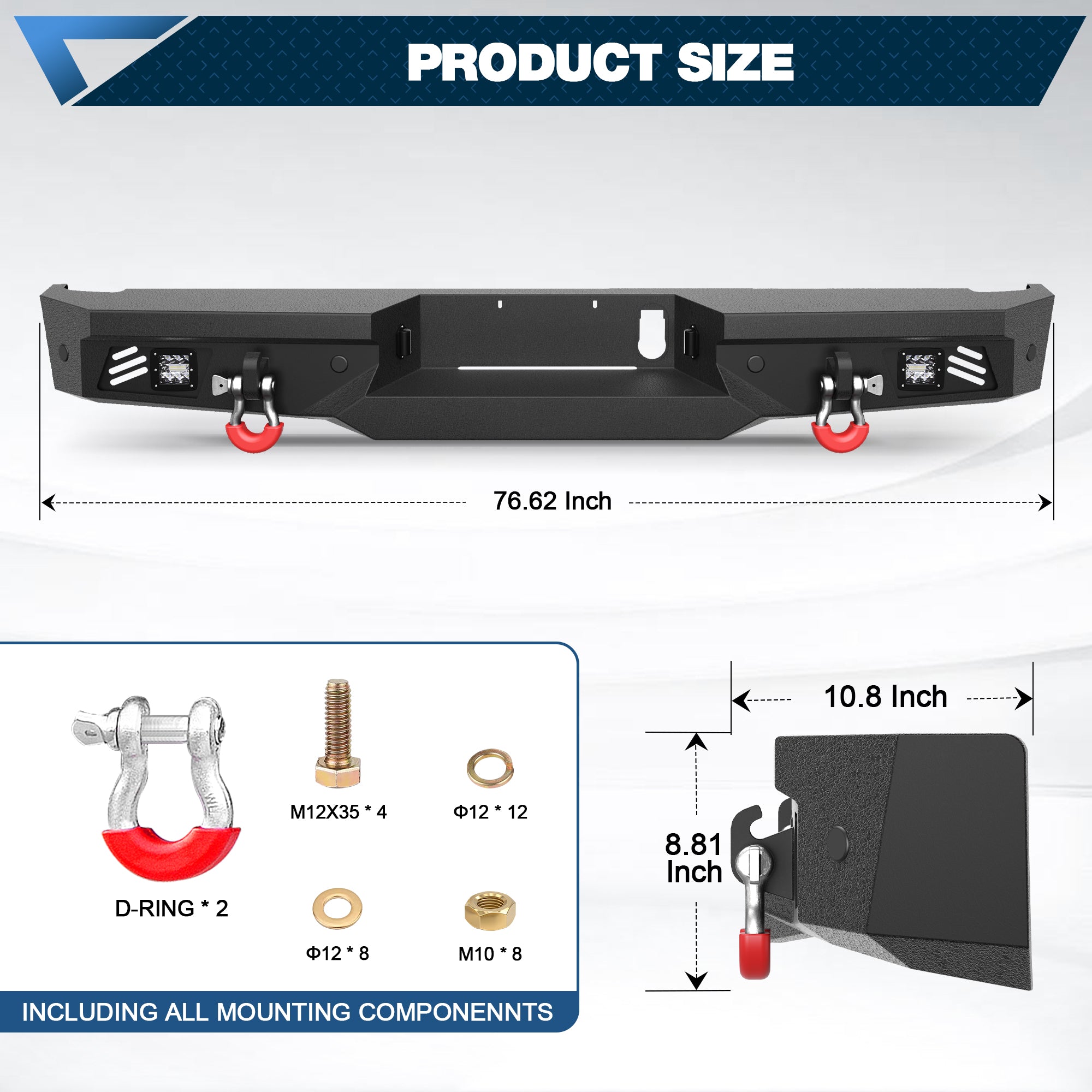Titan Rear Bumper Full Width for 2016-2024 Nissan Titan, w/Step Plate, Fog Lights, License Plate Lights and D-rings (Not Fit Intelligent Radar Sensors)