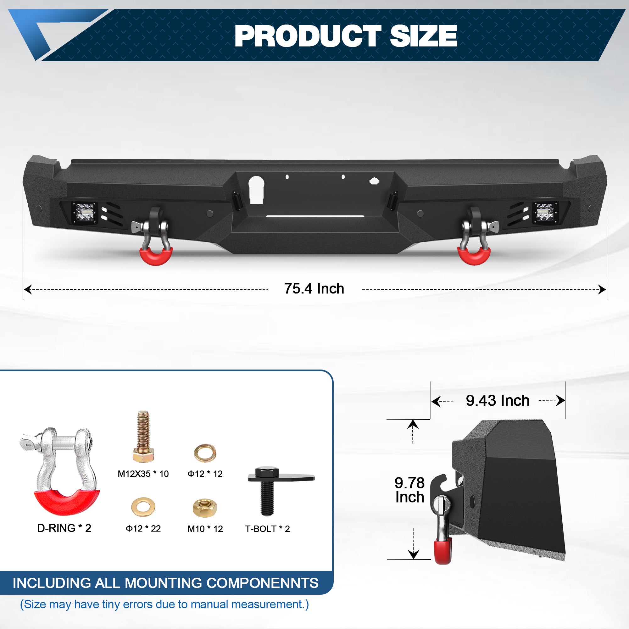 F150 Rear Bumper for 2015-2023 Ford F150 Pickup, w/Step Plate, Fog Lights, License Plate Lights and D-rings (Excluding Raptor & Ecoboost)