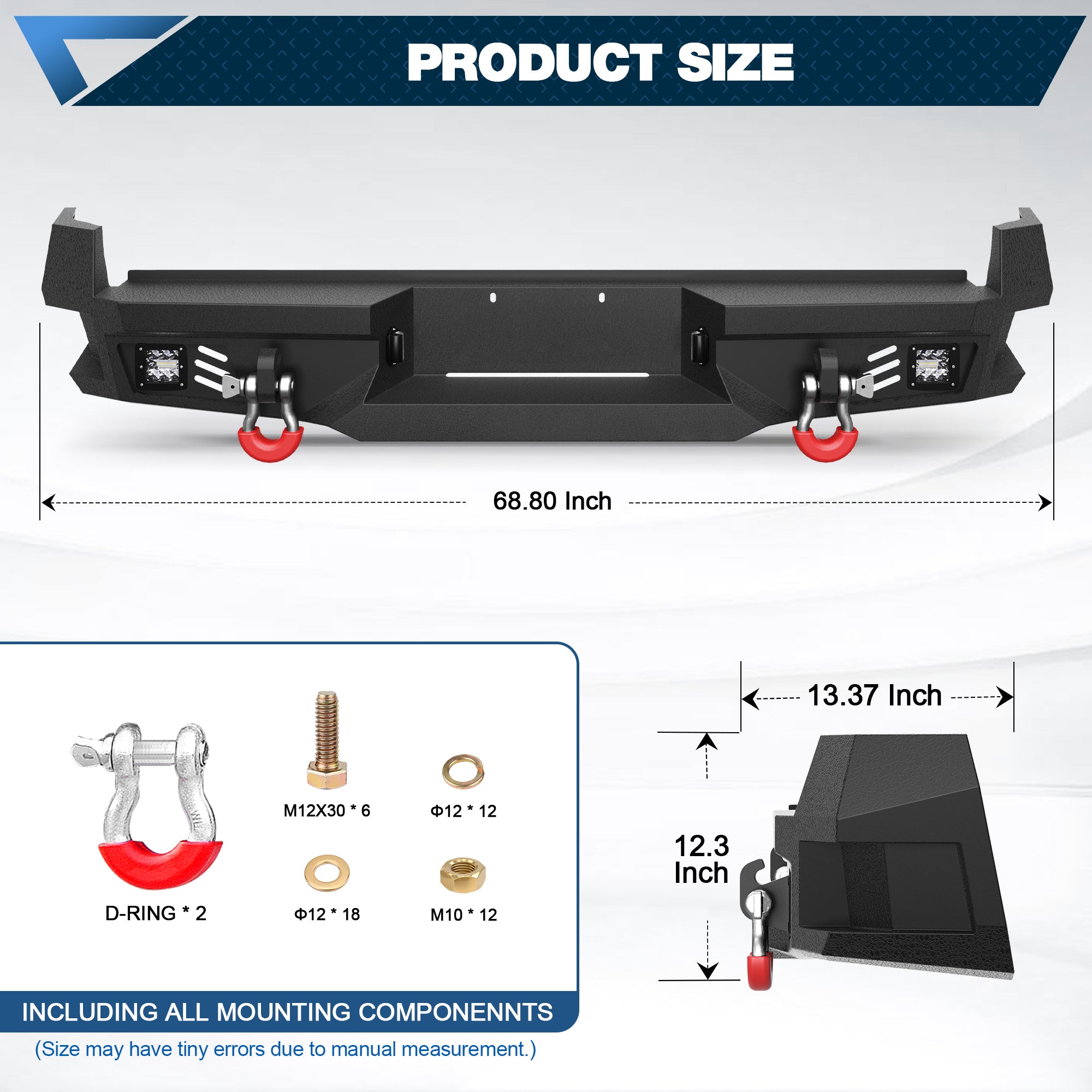 Rear Bumper for 2005-2015 Tacoma 2nd Gen Full Width Offroad Bumper w/Step Plate, 2x18w Lights, D-rings, License Plate Lights Pickup Trucks