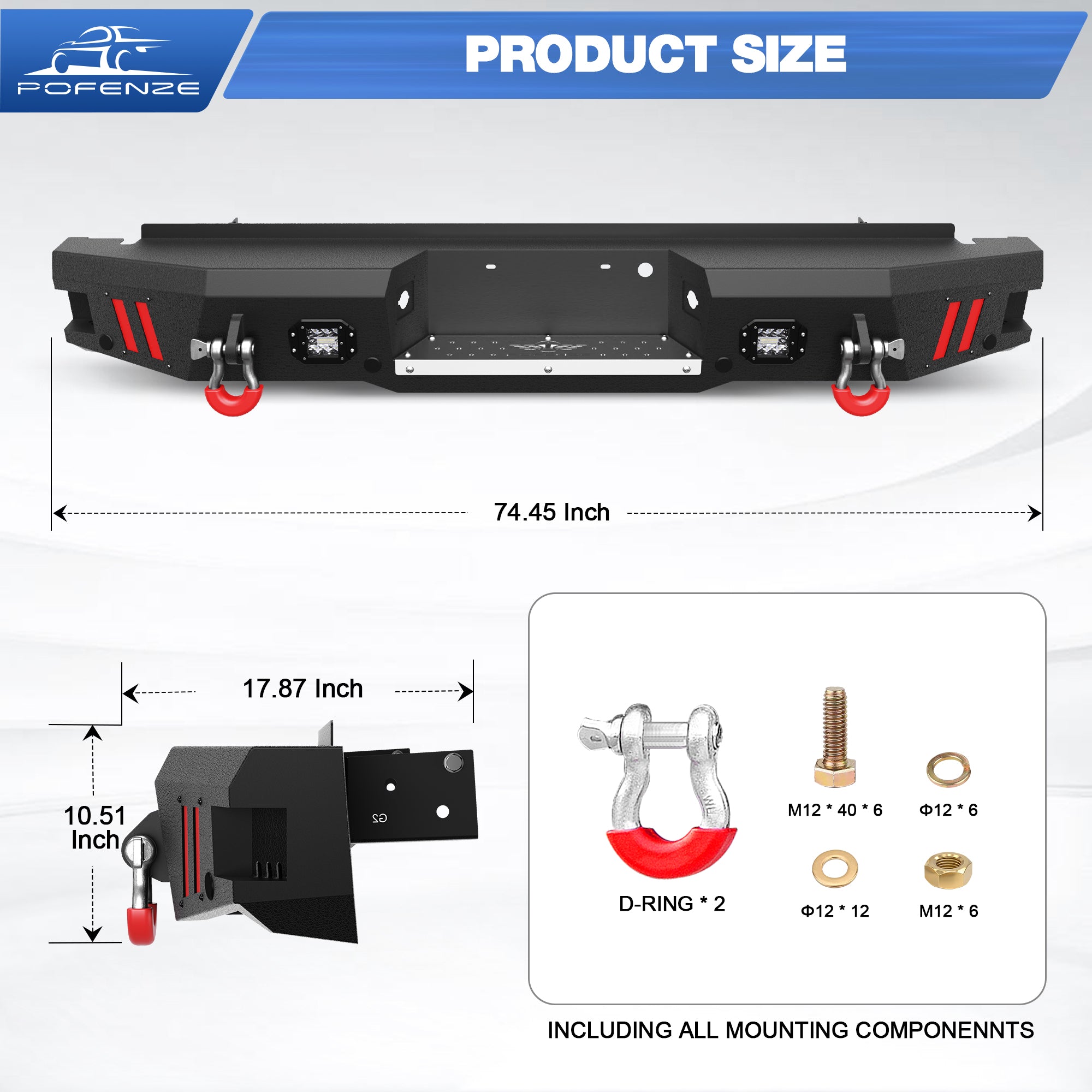 F250 Rear Bumper Full Width for 1999-2016 Ford F250/F350/F450, w/Step Plate, Fog Lights, D-rings and Sensor Holes