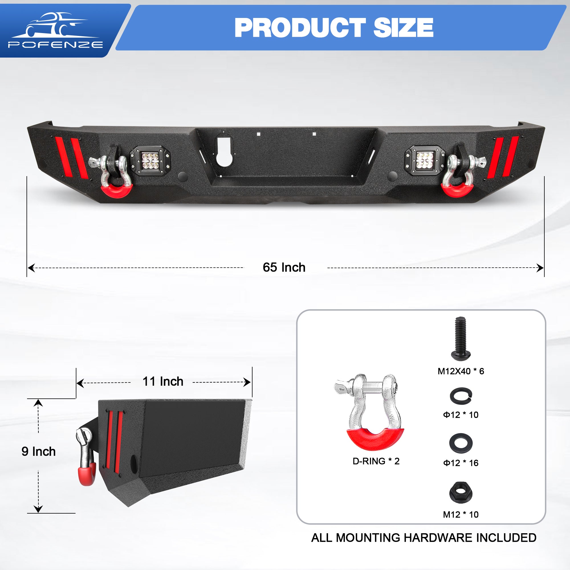Rear Bumper Compatible with Jeep Gladiator JT 2020 2021 2022 2023 2024, Textured Black Pickup Truck Bumper for 2020-2024 Gladiator JT, with Step Plate, Lights, Sensor Holes and D-rings