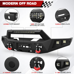 04-08 F150 Front Rear Bumper Set, Full Width Offroad Bumper w/Winch Plate, 144W Light Bar, 6x18w Fog Lights, D-rings, License Plate Bracket for 2004-2008 Ford F150 Truck