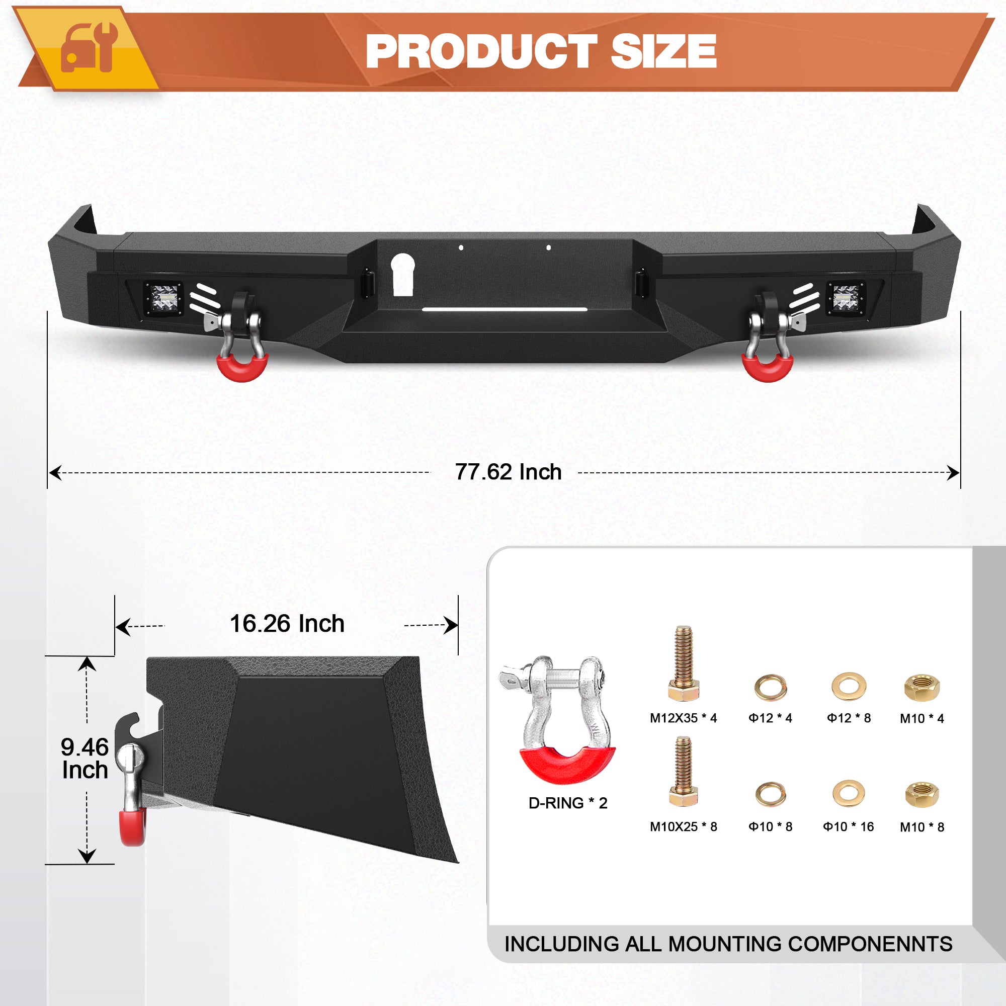 Ram 1500 Rear Bumper for 2009-2018 Ram 1500 Pickup and 2019-2025 Ram 1500 Classic Only, w/Step Plate, Fog Lights, License Plate Lights and D-rings