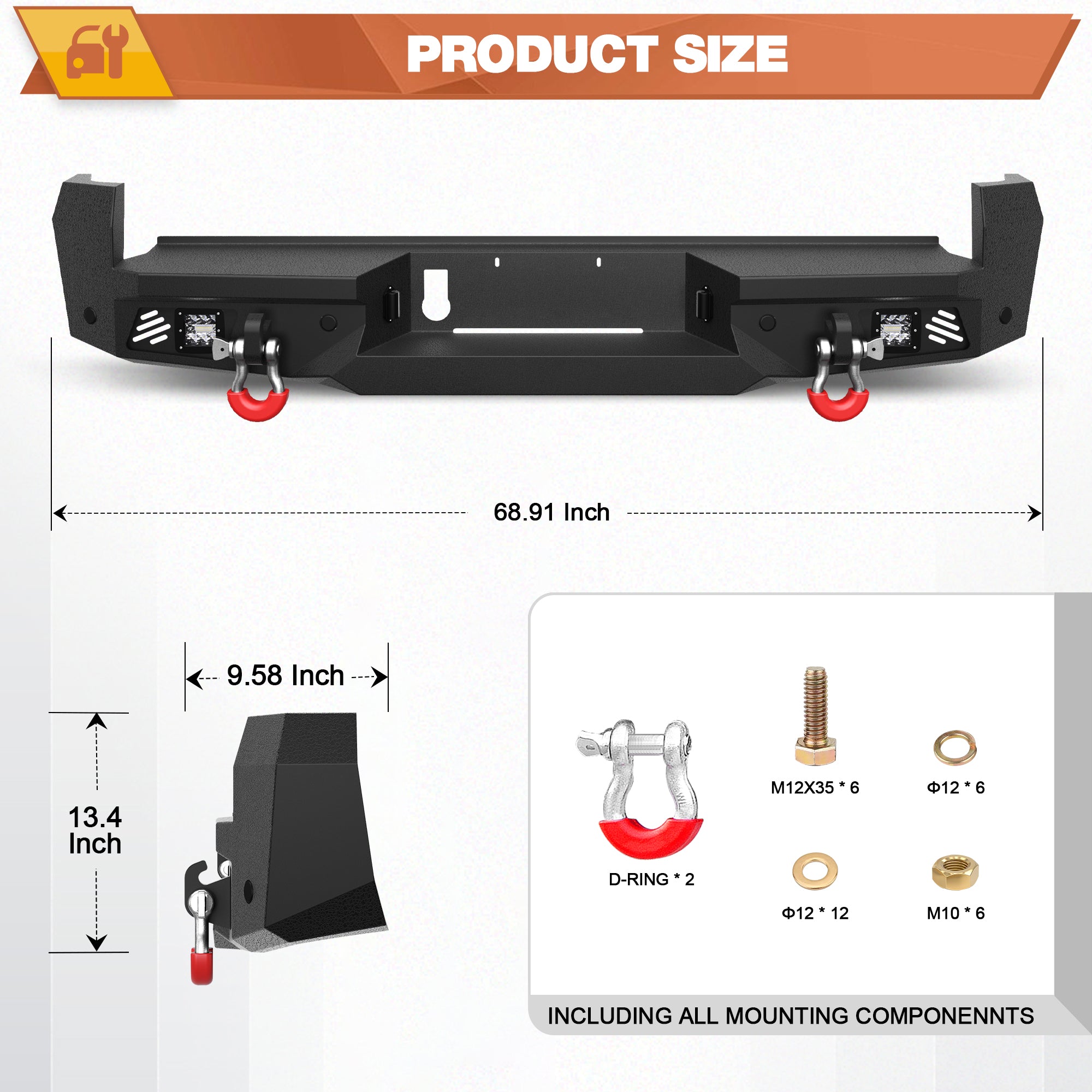 16-23 Tacoma Rear Bumper Full Width Offroad Bumper w/Step Plate, 2x18w Lights, D-rings, License Plate Lights for 2016-2023 Tacoma 3rd Gen