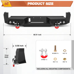 16-23 Tacoma Rear Bumper Full Width Offroad Bumper w/Step Plate, 2x18w Lights, D-rings, License Plate Lights for 2016-2023 Tacoma 3rd Gen