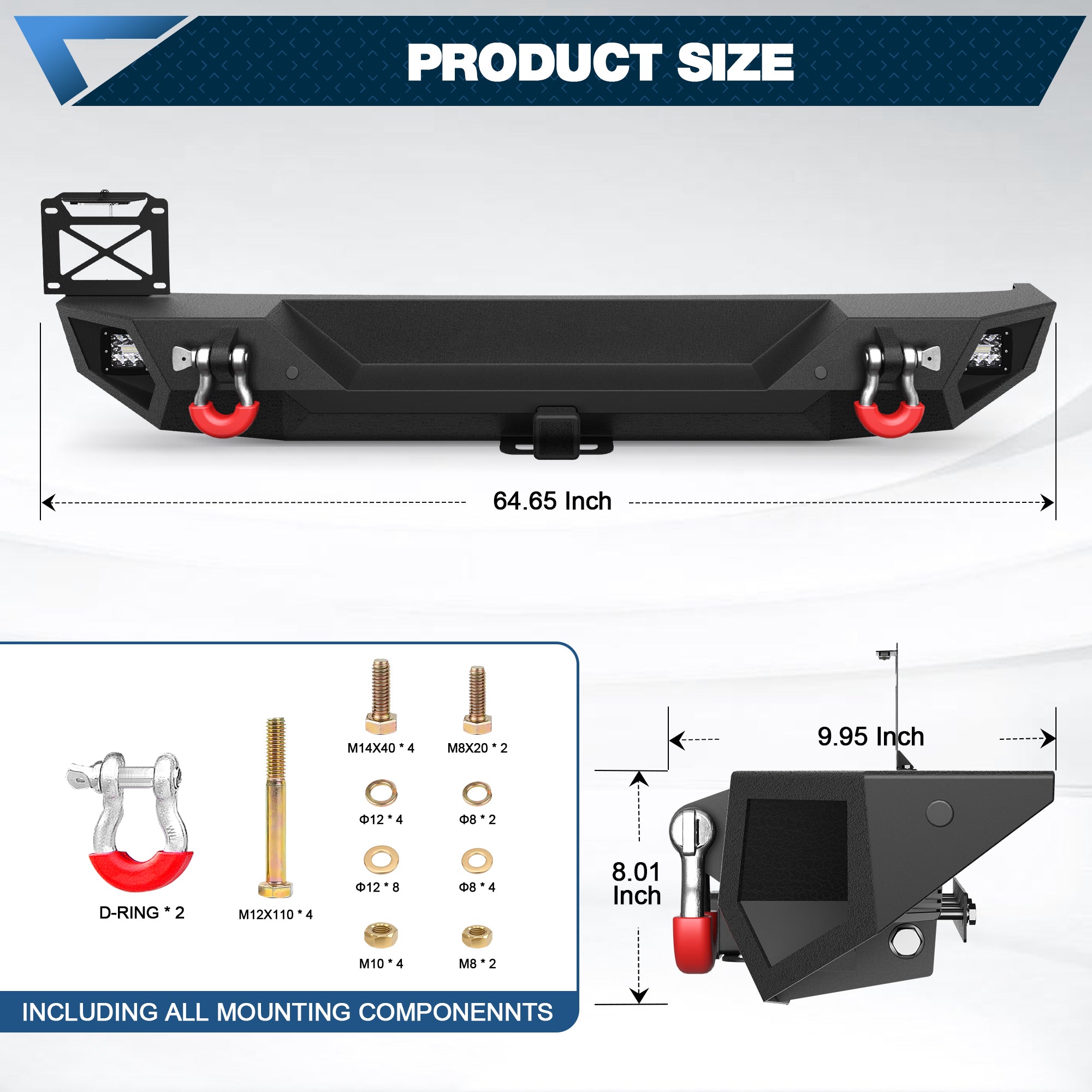 Rear Bumper Full Width for Wrangler JL JLU 2019-2024, Textured Black Rear Bumper with 2" Hitch Receiver