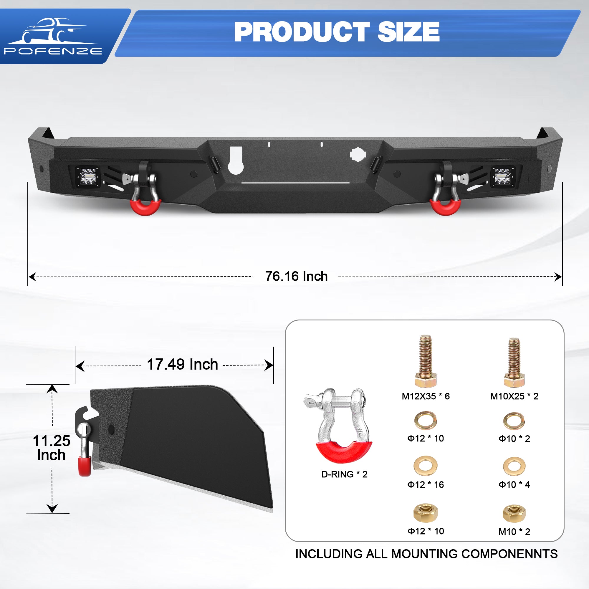 Rear Bumper for 2019-2024 Chevy Silverado/GMC Sierra 1500 Full Width Offroad Bumper w/Step Plate, 2x18w Lights, D-rings, License Plate Lights for 2019-2024 Chevy Silverado and GMC Sierra 1500 Trucks