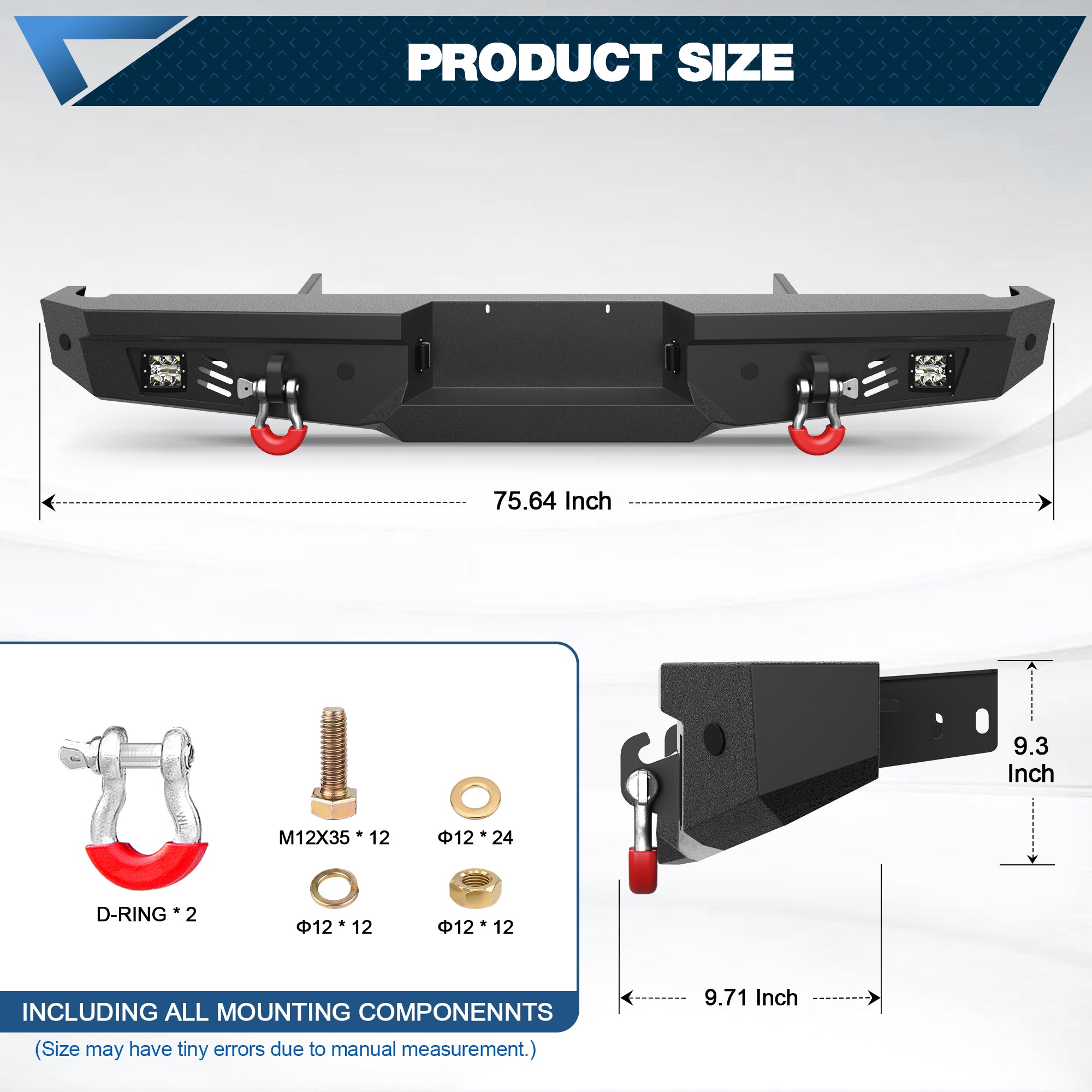 Rear Bumper Full Width for 2017-2022 Ford F250/F350/F450, Textured Black Bumper with 2x18W LED Lights & Sensor Holes & D-Rings