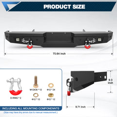 Rear Bumper Full Width for 2017-2022 Ford F250/F350/F450, Textured Black Bumper with 2x18W LED Lights & Sensor Holes & D-Rings