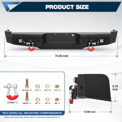 04-08 F150 Rear Bumper Full Width Offroad Bumper w/Step Plate, 2x18w Lights, D-rings, License Plate Lights for 2004-2008 Ford F150 Pickup Trucks