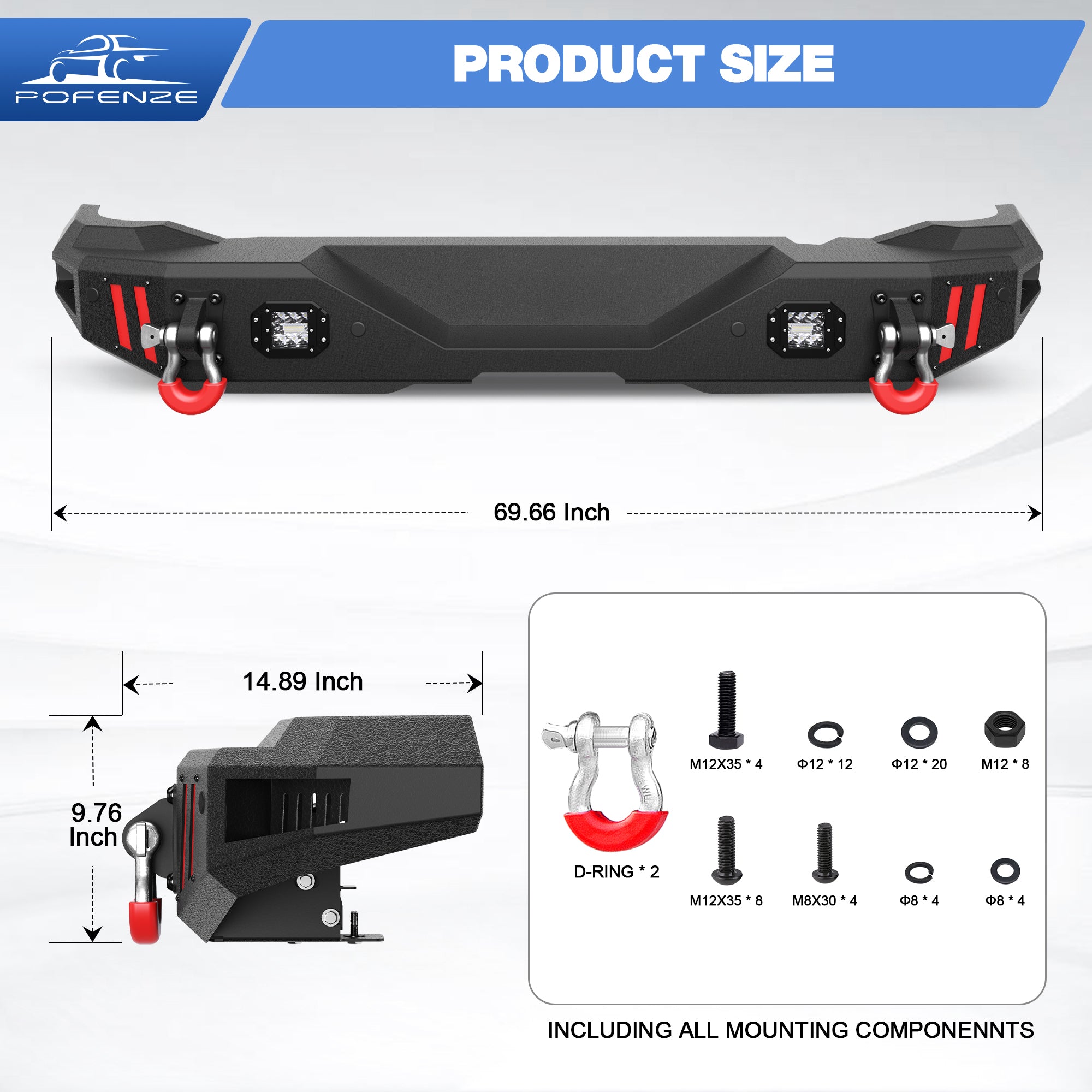 Rear Bumper Compatible with Ford Bronco 2021-2024, Textured Black Pickup Truck Bumper for 2021 2022 2023 2024 Ford Bronco, with Step Plate, Lights & D-rings (Excluding Bronco Sport or Raptor)
