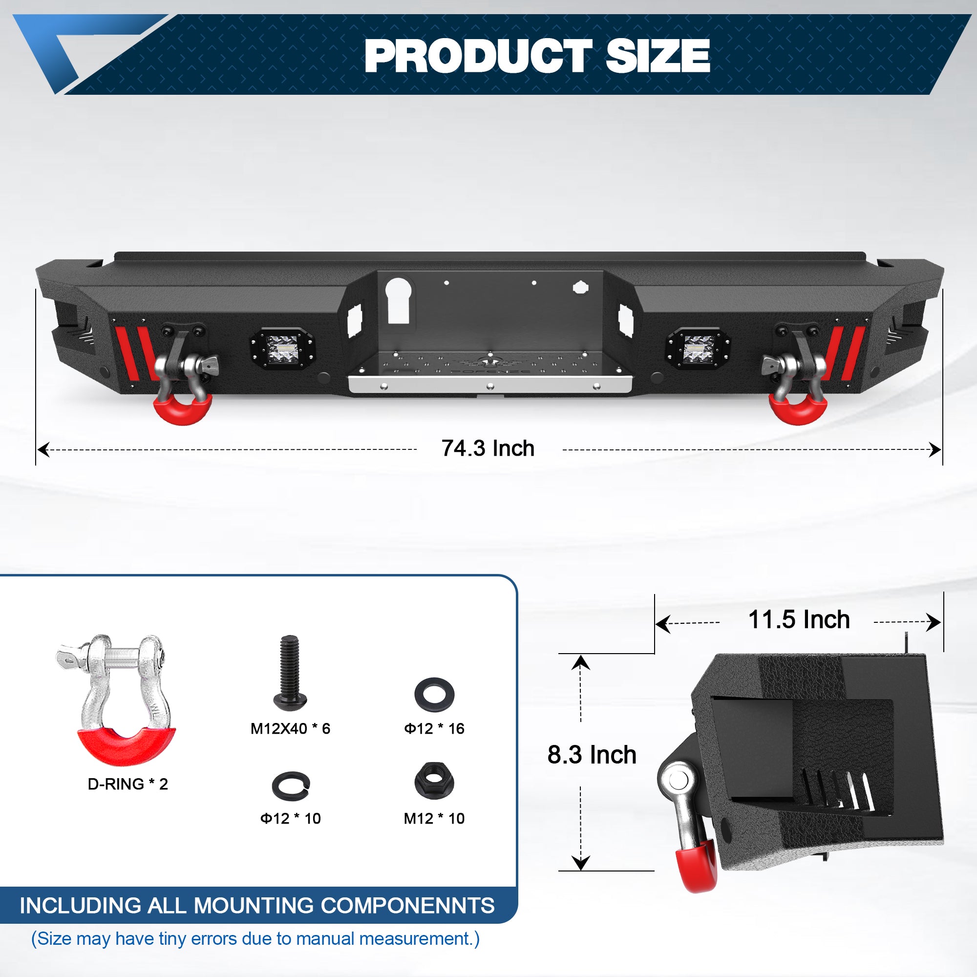 Rear Bumper Compatible with Ford F-150 2015-2023, Textured Black Pickup Truck F150 Bumper with Stainless Steel Step Plate, Lights and D-ring (Excluding Raptor & Ecoboost)