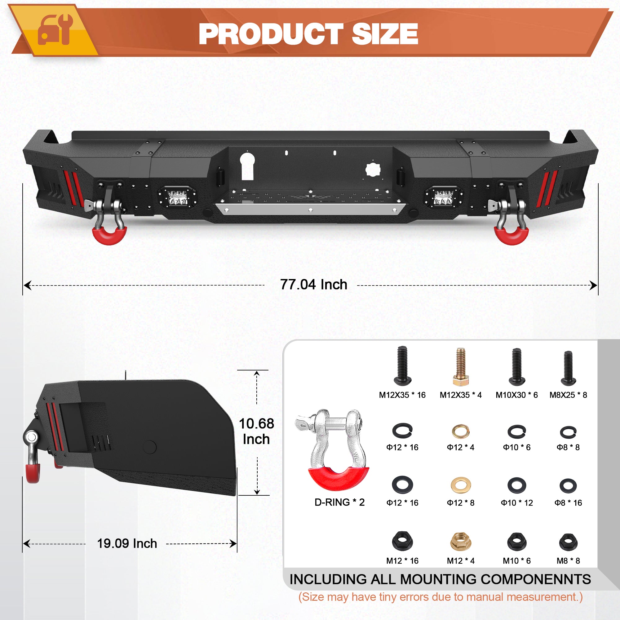Rear Bumper for Chevy Silverado 1500 / GMC Sierra 1500 2019-2024 w/Step Plate, Lights, Sensor Holes and D-rings, Textured Black Pickup Truck Bumper