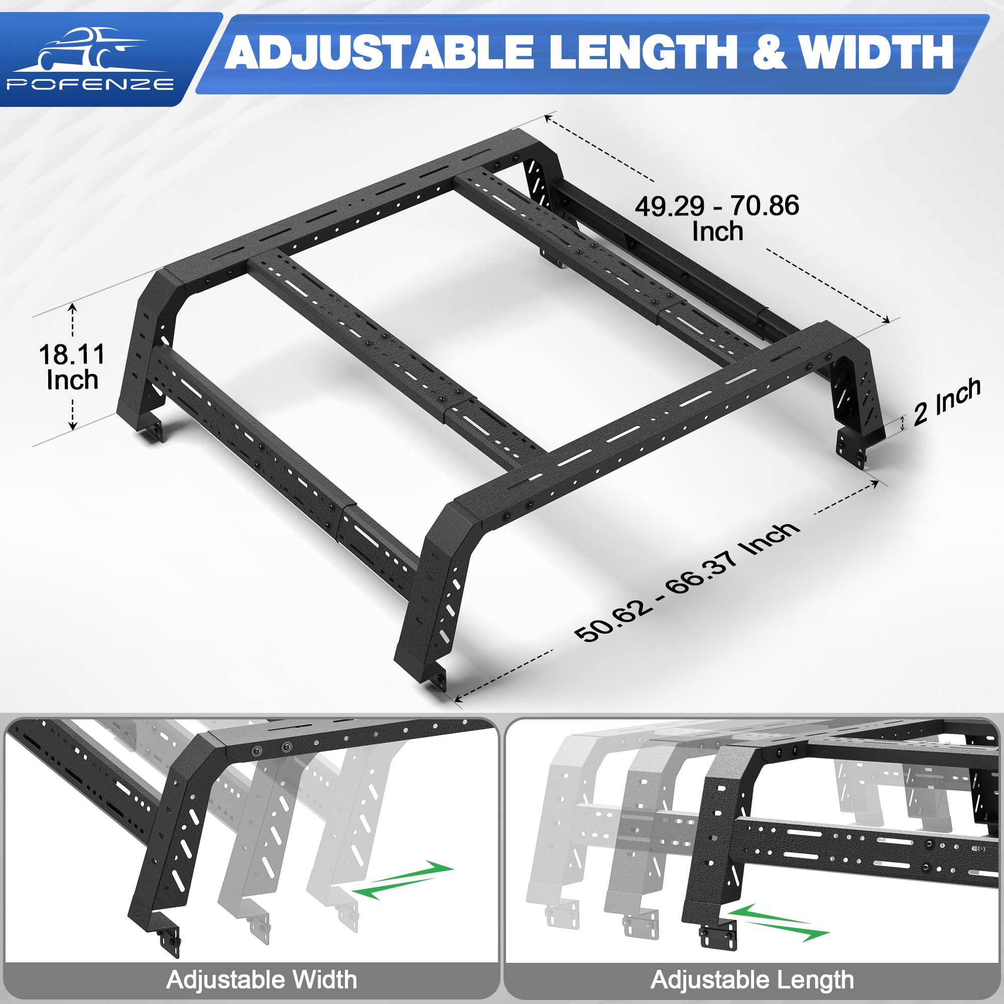 Adjustable 49.2"-70.8" Length Truck Bed Rack for Mid Size & Full Size Trucks with Bed Rails Overlanding Bed Rack Compatible for Toyota Tacoma/Tundra, Jeep Gladiator JT, Titan, Frontier