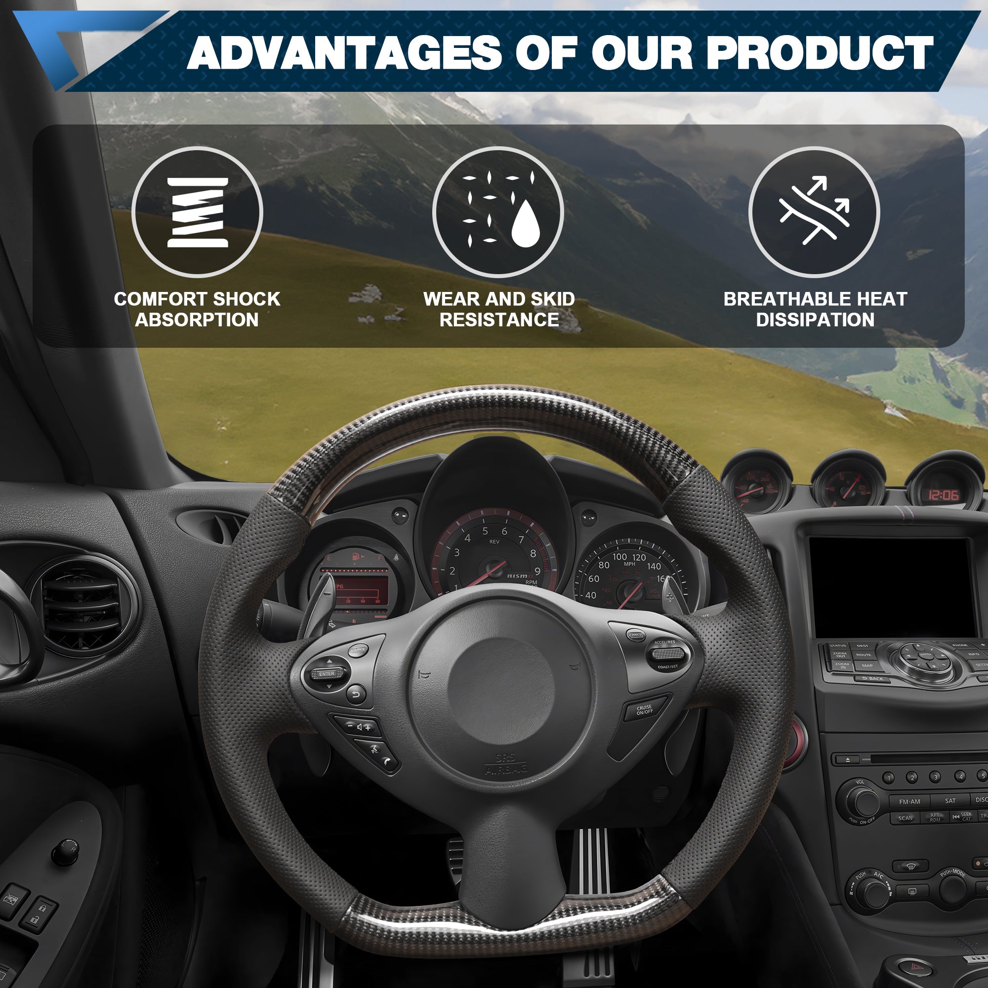 Carbon Fiber Steering Wheel For Nissan 370Z 2008-2020 Nappa Perforated Leather D-shaped Flat-bottom Steering Wheel Grip Hand-Stitched
