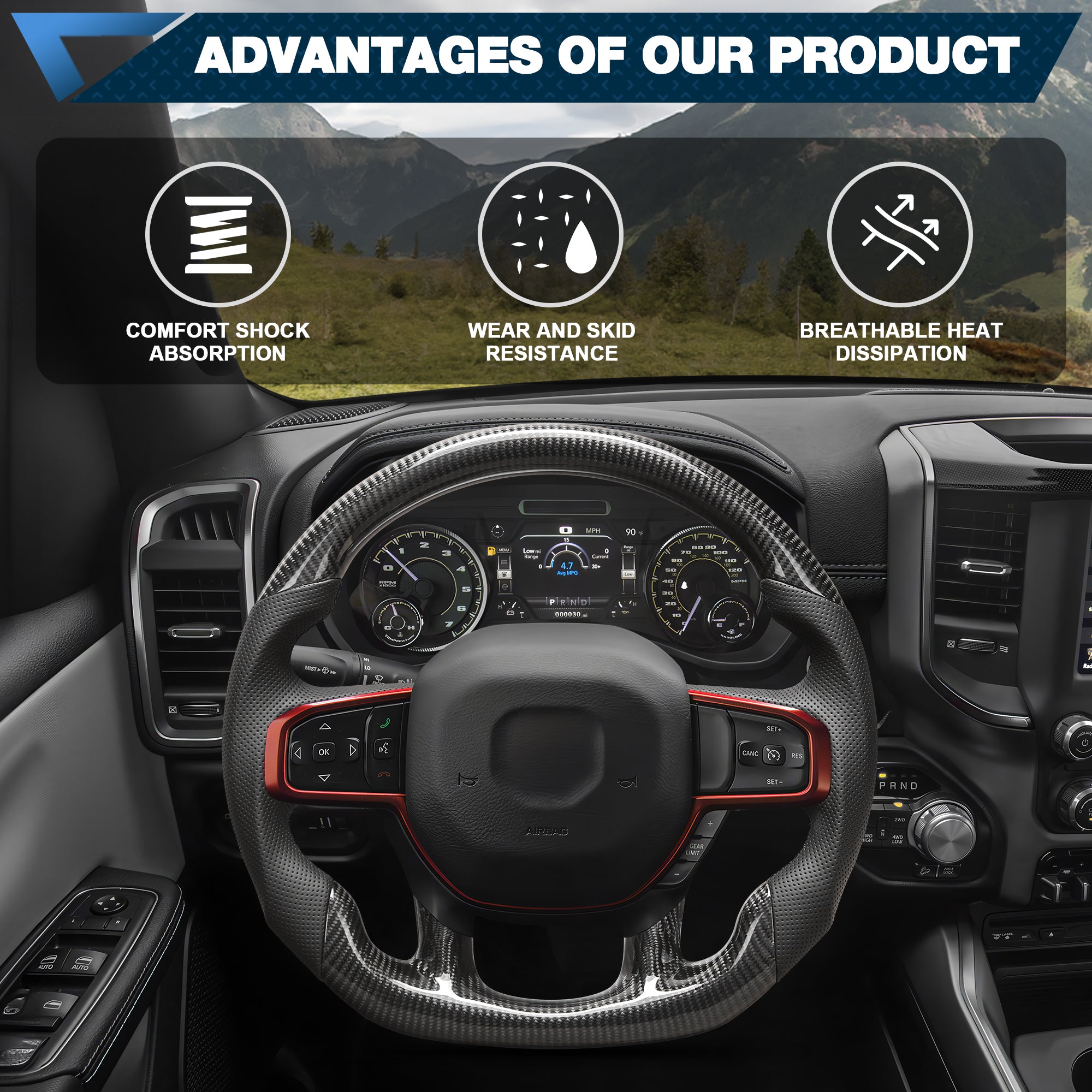Real Carbon Fiber Steering Wheel For Dodge Ram TRX 1500 2019-2024 with Paddle Shifter hole Nappa Perforated Leather D-shaped Flat-bottom Steering Wheel Grip Hand-Stitched