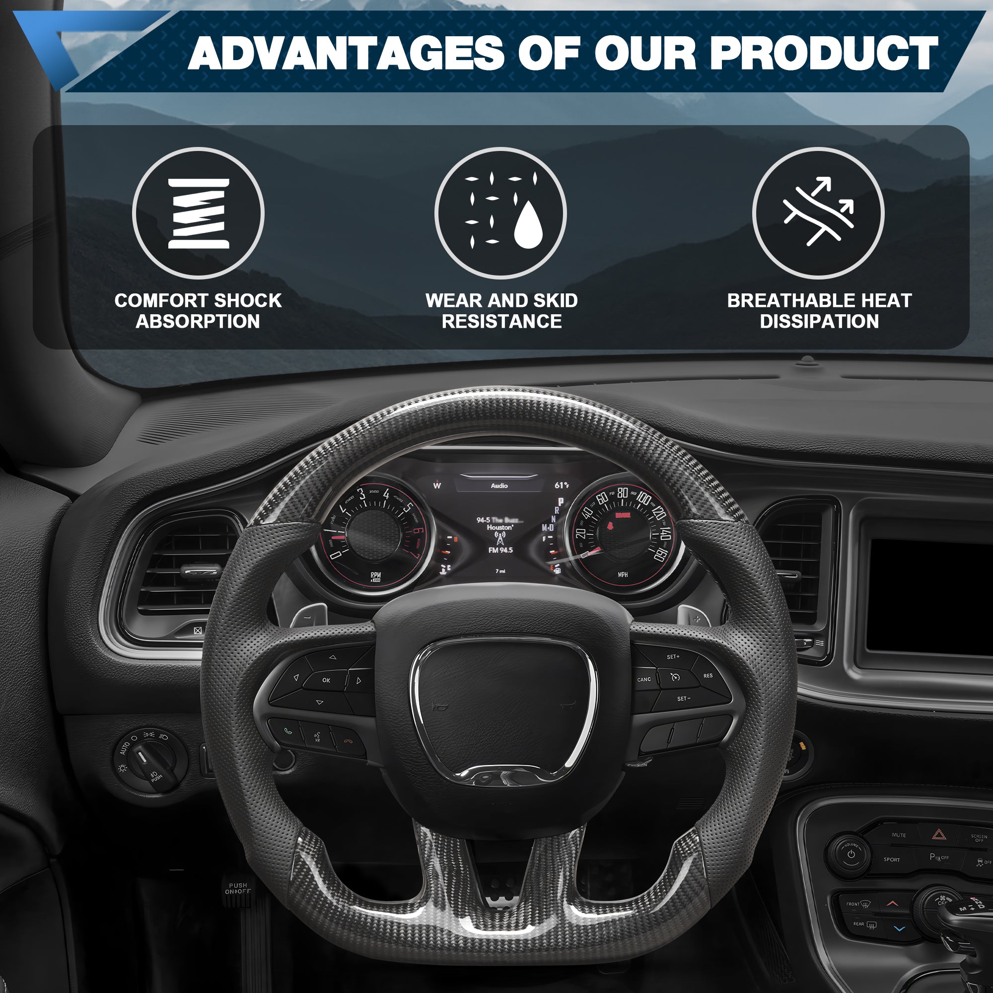 Real Carbon Fiber Steering Wheel For Dodge Challenger 2015-2020 D-shaped Flat-bottom Nappa Perforated Leather Steering Wheel Grip Hand-Stitched