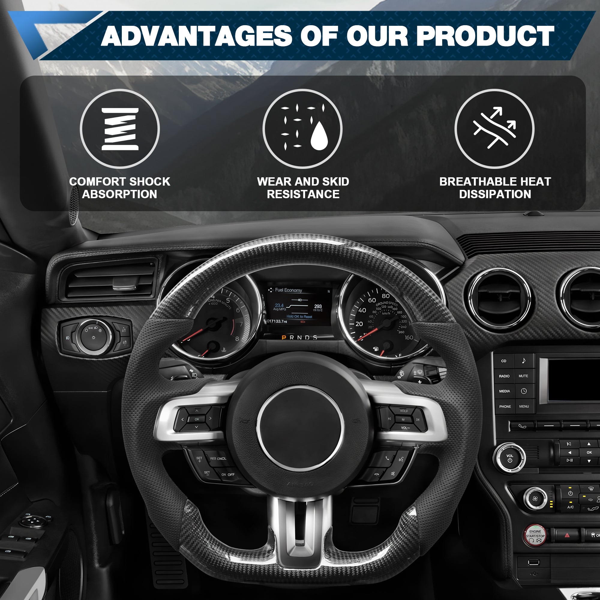 Carbon Fiber Steering Wheel for Mustang 2018-2022 Nappa Perforated Leather with Hand Stitching D-shaped Custom Steering Wheel for Mustang EcoBoost/GT for Shelby GT350/GT350R