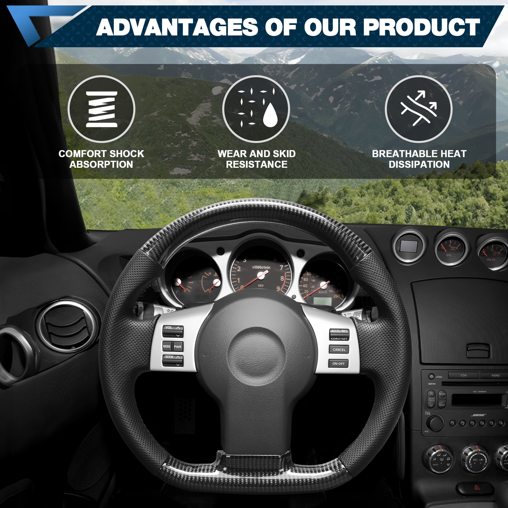 Carbon Fiber Steering Wheel For Nissan 350Z 2003-2009 Nappa Perforated Leather D-shaped Flat-bottom Grip Hand-Stitched Steering Wheel