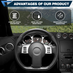 Carbon Fiber Steering Wheel For Nissan 350Z 2003-2009 Nappa Perforated Leather D-shaped Flat-bottom Grip Hand-Stitched Steering Wheel
