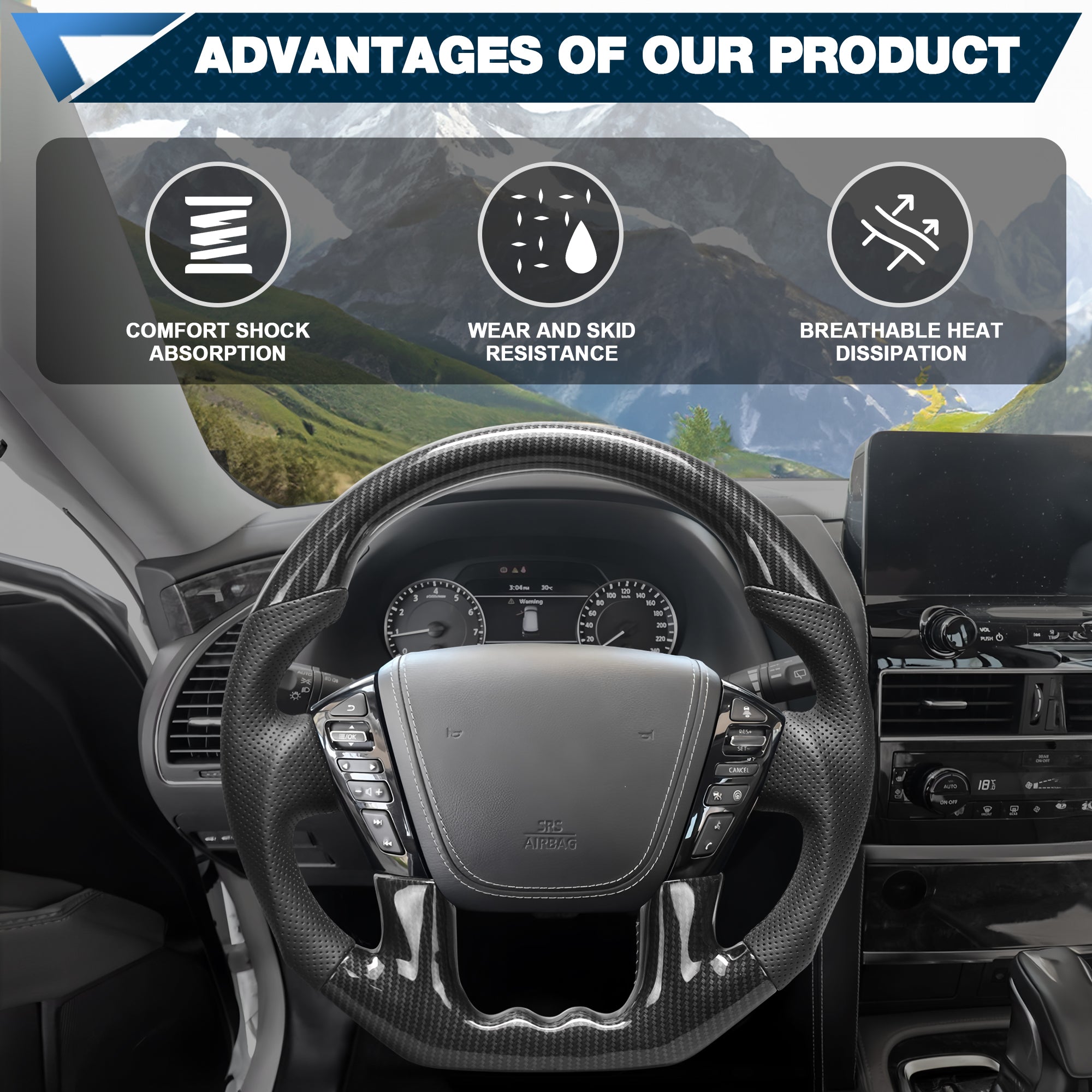 Hydro-Dip Carbon Fiber Steering Wheel For Nissan Patrol Y62 2019-2024 D-shaped With stitching Nappa Perforated Leather Flat-bottom Steering Wheel