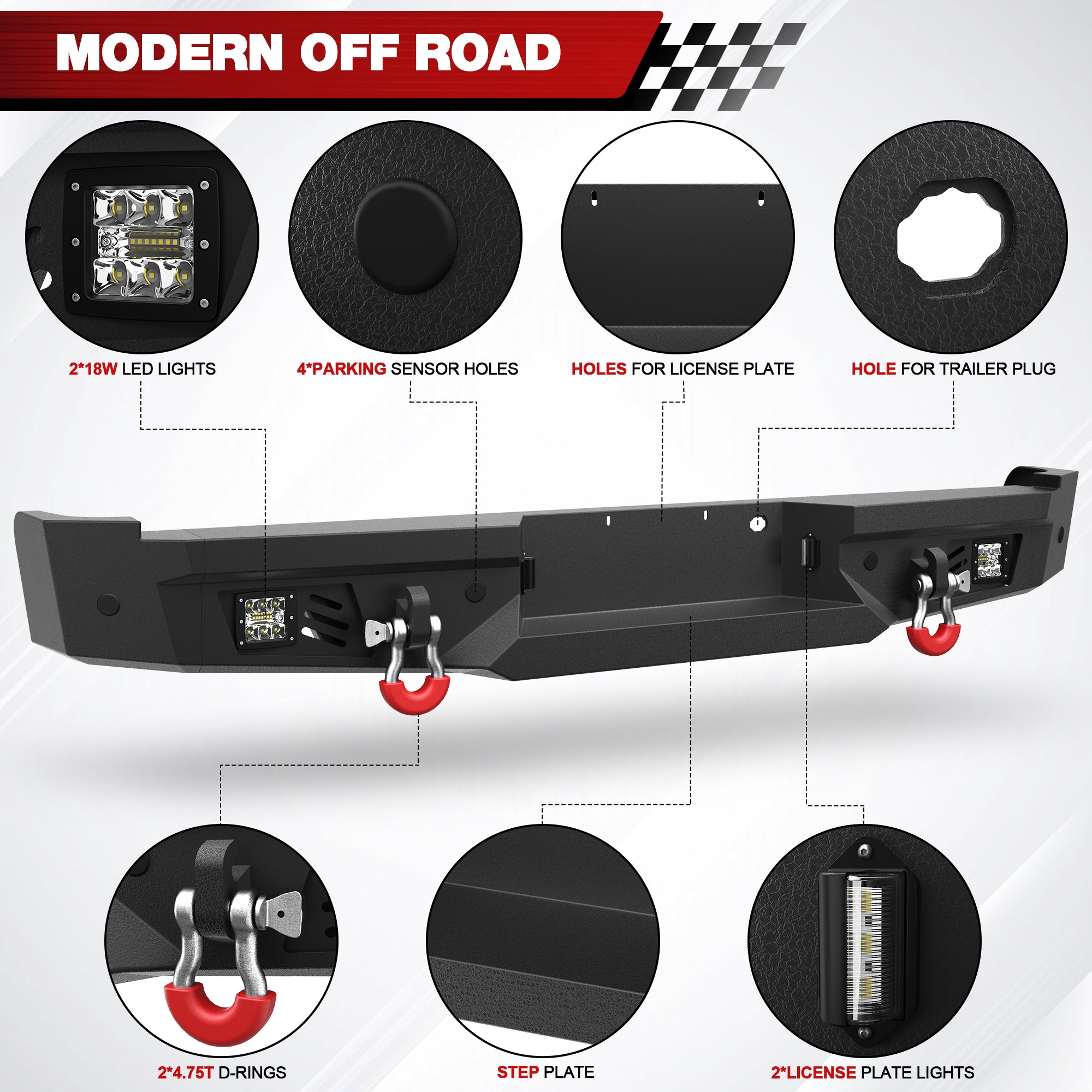 04-08 F150 Front Rear Bumper Set, Full Width Offroad Bumper w/Winch Plate, 144W Light Bar, 6x18w Fog Lights, D-rings, License Plate Bracket for 2004-2008 Ford F150 Truck