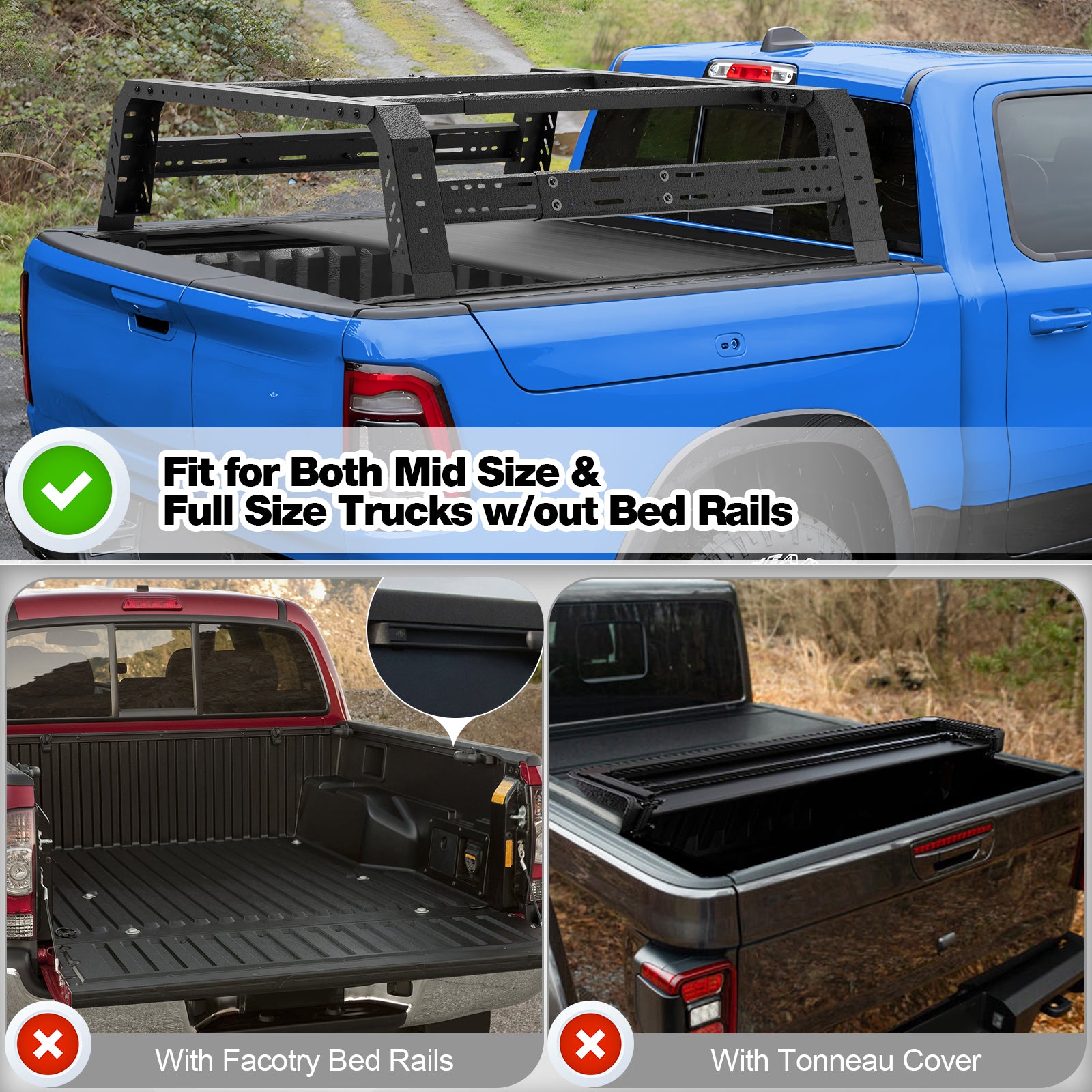 Adjustable 49.2"-70.8" Length Truck Bed Rack for Mid Size & Full Size Trucks w/Out Bed Rails Overlanding Bed Rack Compatible for Ram 1500 2500 3500, Toyota Tundra, Chevy Silverado, GMC Sierra