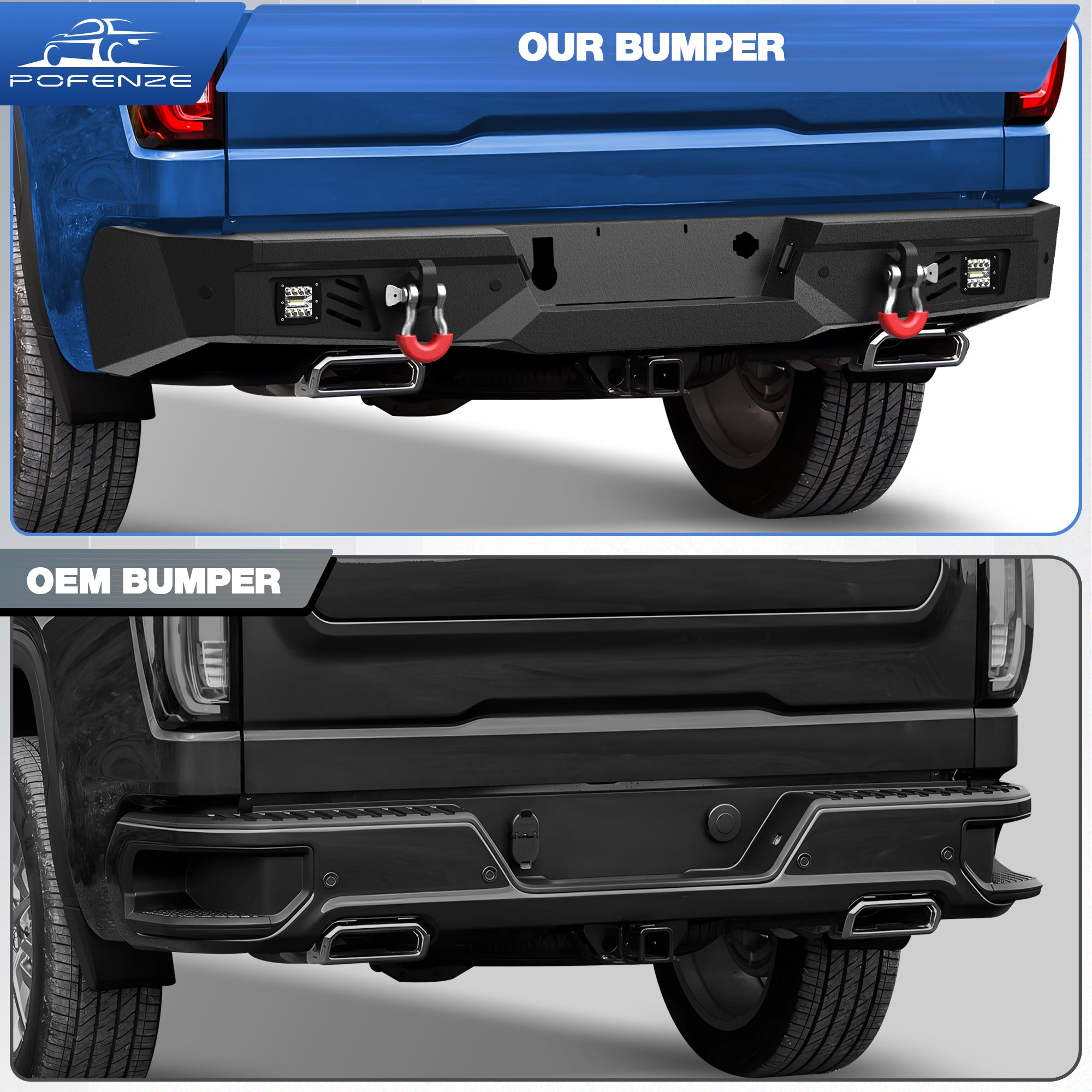 Rear Bumper for 2019-2024 Chevy Silverado/GMC Sierra 1500 Full Width Offroad Bumper w/Step Plate, 2x18w Lights, D-rings, License Plate Lights for 2019-2024 Chevy Silverado and GMC Sierra 1500 Trucks