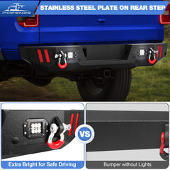 Rear Bumper Compatible with Jeep Gladiator JT 2020 2021 2022 2023 2024, Textured Black Pickup Truck Bumper for 2020-2024 Gladiator JT, with Step Plate, Lights, Sensor Holes and D-rings