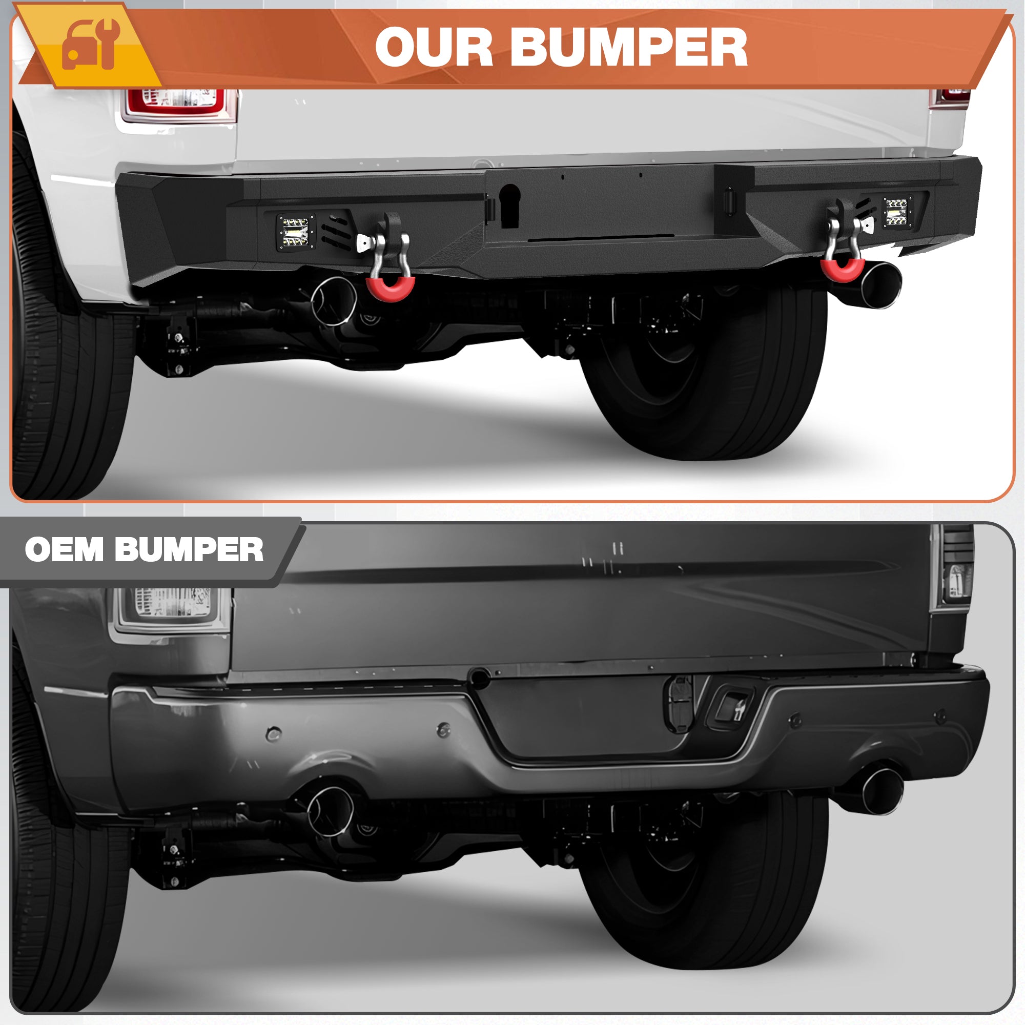 Ram 1500 Rear Bumper for 2009-2018 Ram 1500 Pickup and 2019-2025 Ram 1500 Classic Only, w/Step Plate, Fog Lights, License Plate Lights and D-rings