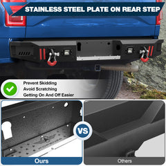 Rear Bumper Compatible with Ford F-150 2015-2023, Textured Black Pickup Truck F150 Bumper with Stainless Steel Step Plate, Lights and D-ring (Excluding Raptor & Ecoboost)