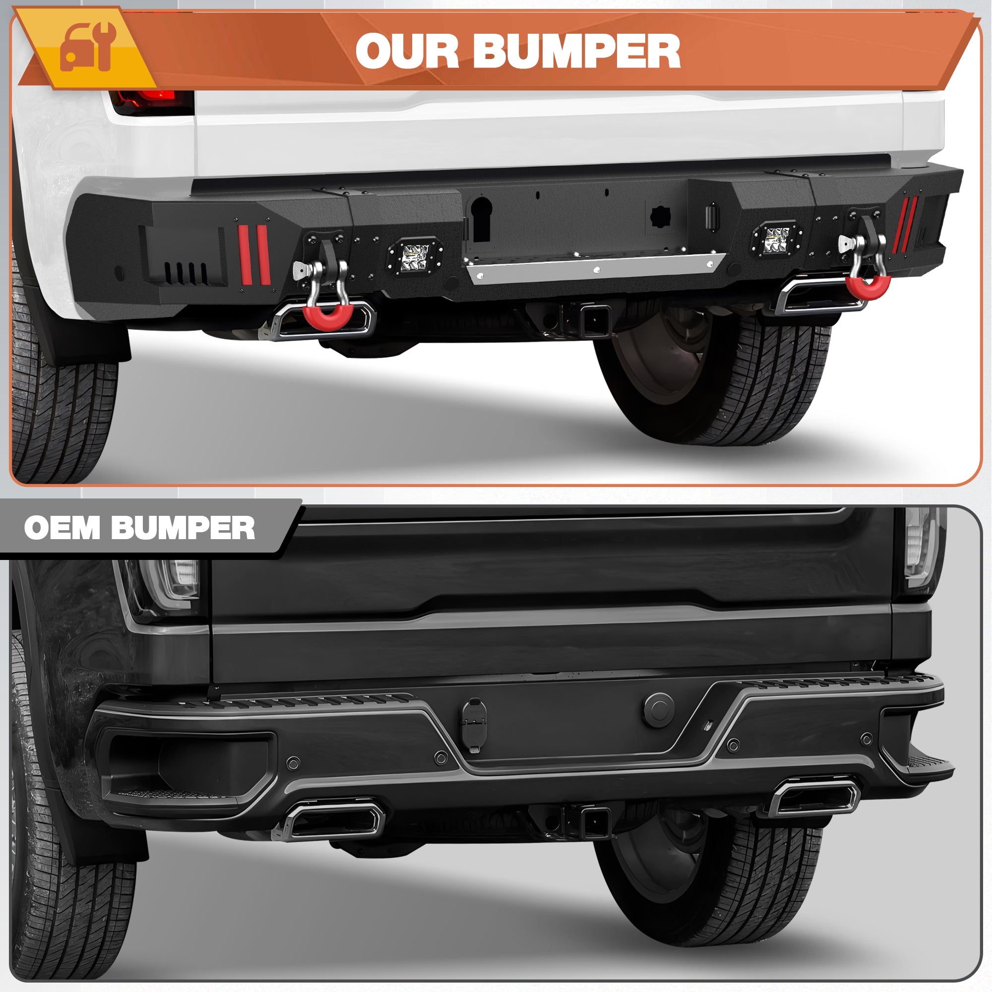 Rear Bumper for Chevy Silverado 1500 / GMC Sierra 1500 2019-2024 w/Step Plate, Lights, Sensor Holes and D-rings, Textured Black Pickup Truck Bumper
