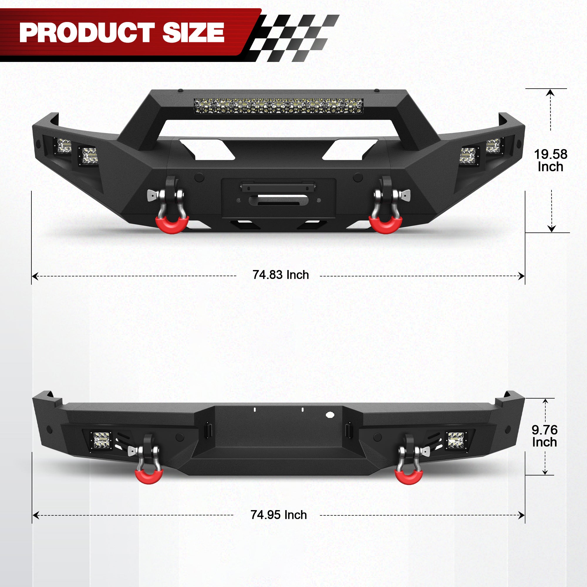 04-08 F150 Front Rear Bumper Set, Full Width Offroad Bumper w/Winch Plate, 144W Light Bar, 6x18w Fog Lights, D-rings, License Plate Bracket for 2004-2008 Ford F150 Truck
