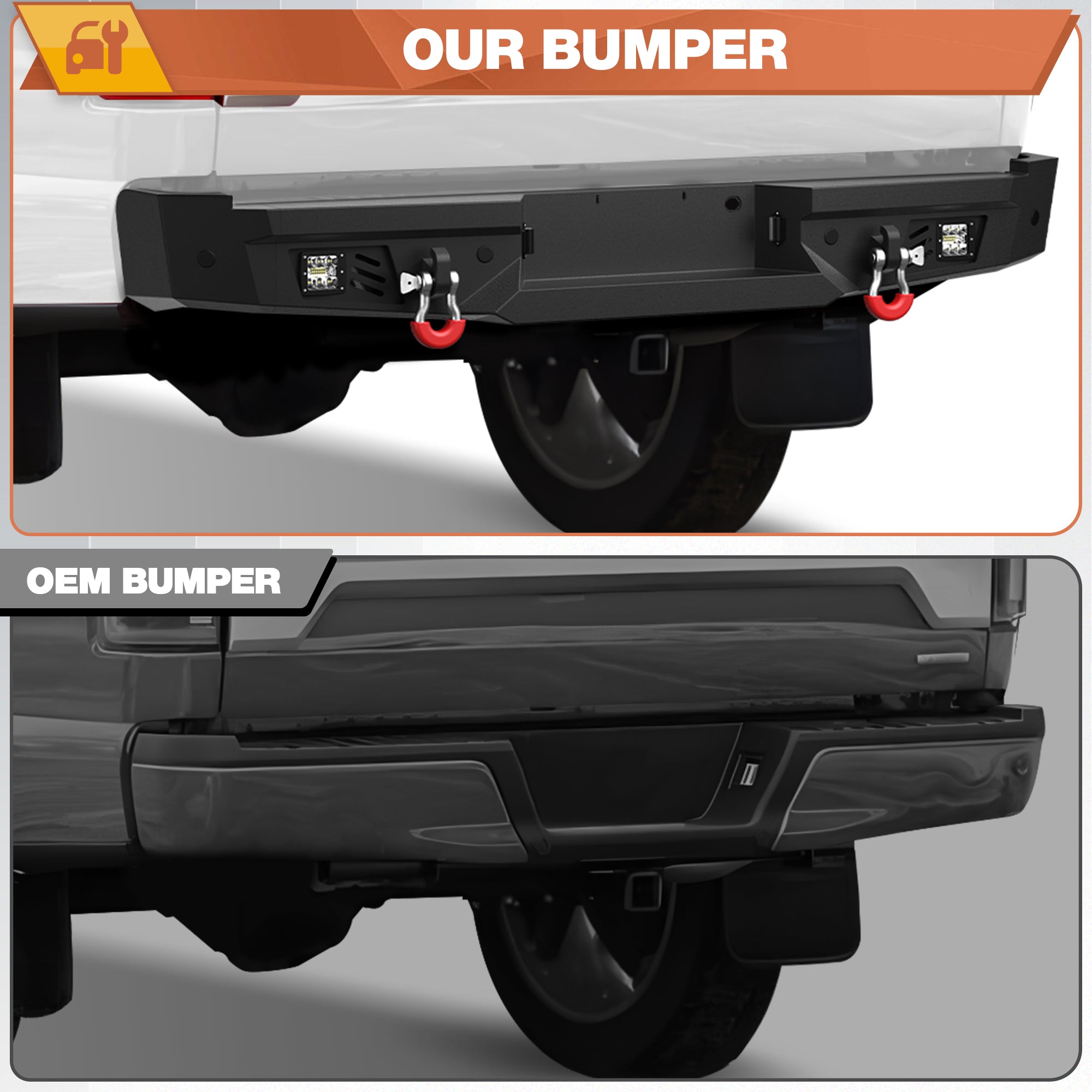 Rear Bumper for 2018-2020 Ford F150 Pickup Trucks Full Width Offroad Bumper w/Step Plate, 2x18w Lights, D-rings, License Plate Lights (Excluding Raptor)