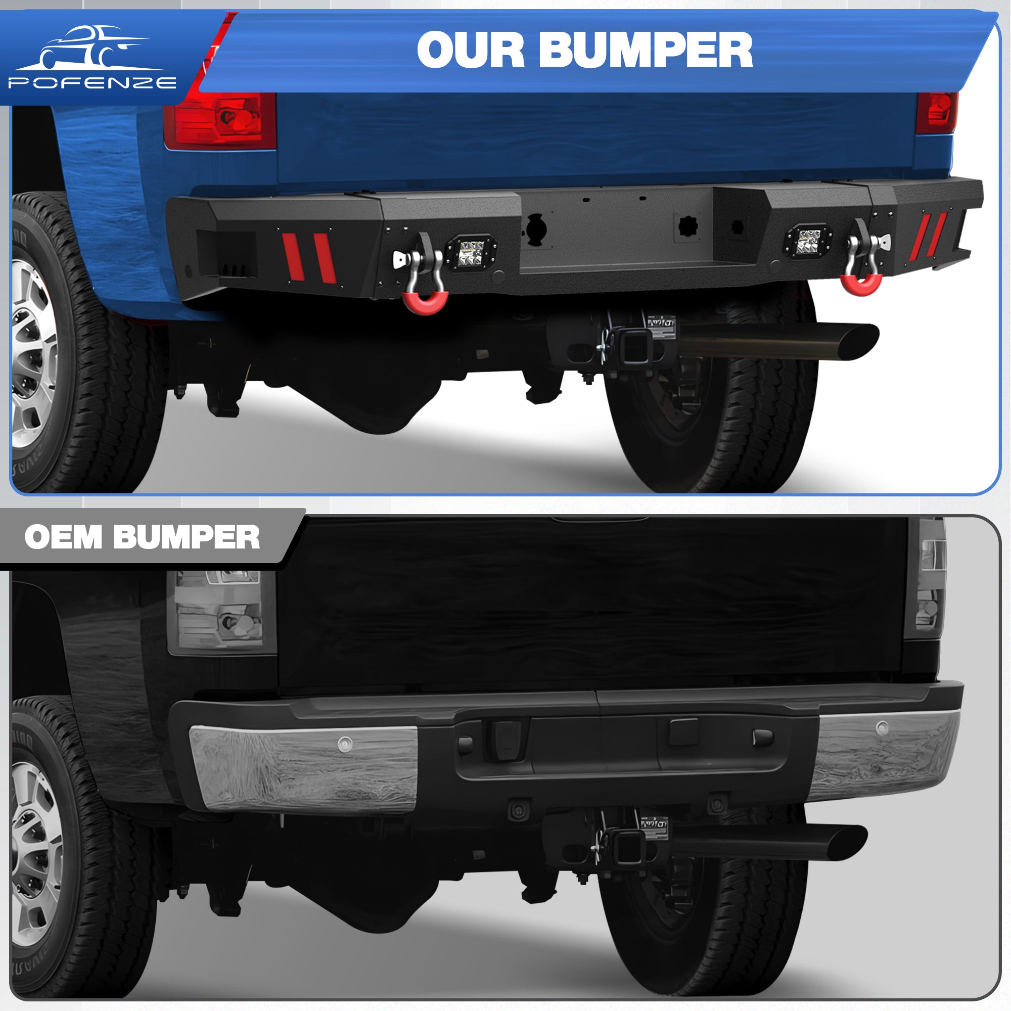 Rear Bumper for 2011-2014 Chevy Silverado/GMC Sierra 2500/3500 Full Width Offroad Bumper w/Step Plate, 2x18w Lights, D-rings for 2011-2014 Chevy Silverado and GMC Sierra 2500/3500 Trucks