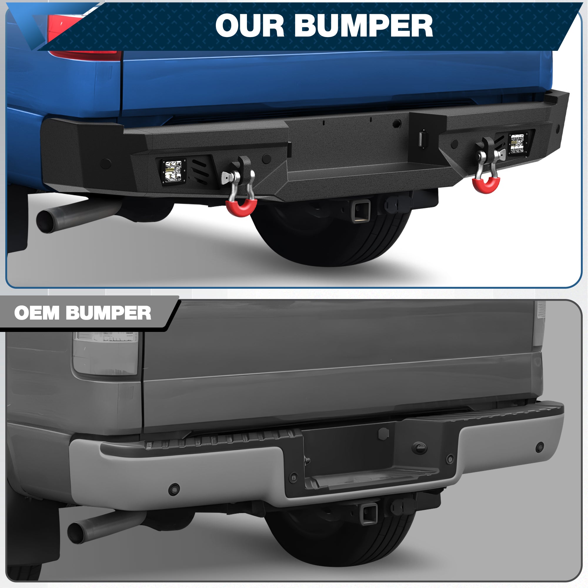 04-08 F150 Rear Bumper Full Width Offroad Bumper w/Step Plate, 2x18w Lights, D-rings, License Plate Lights for 2004-2008 Ford F150 Pickup Trucks