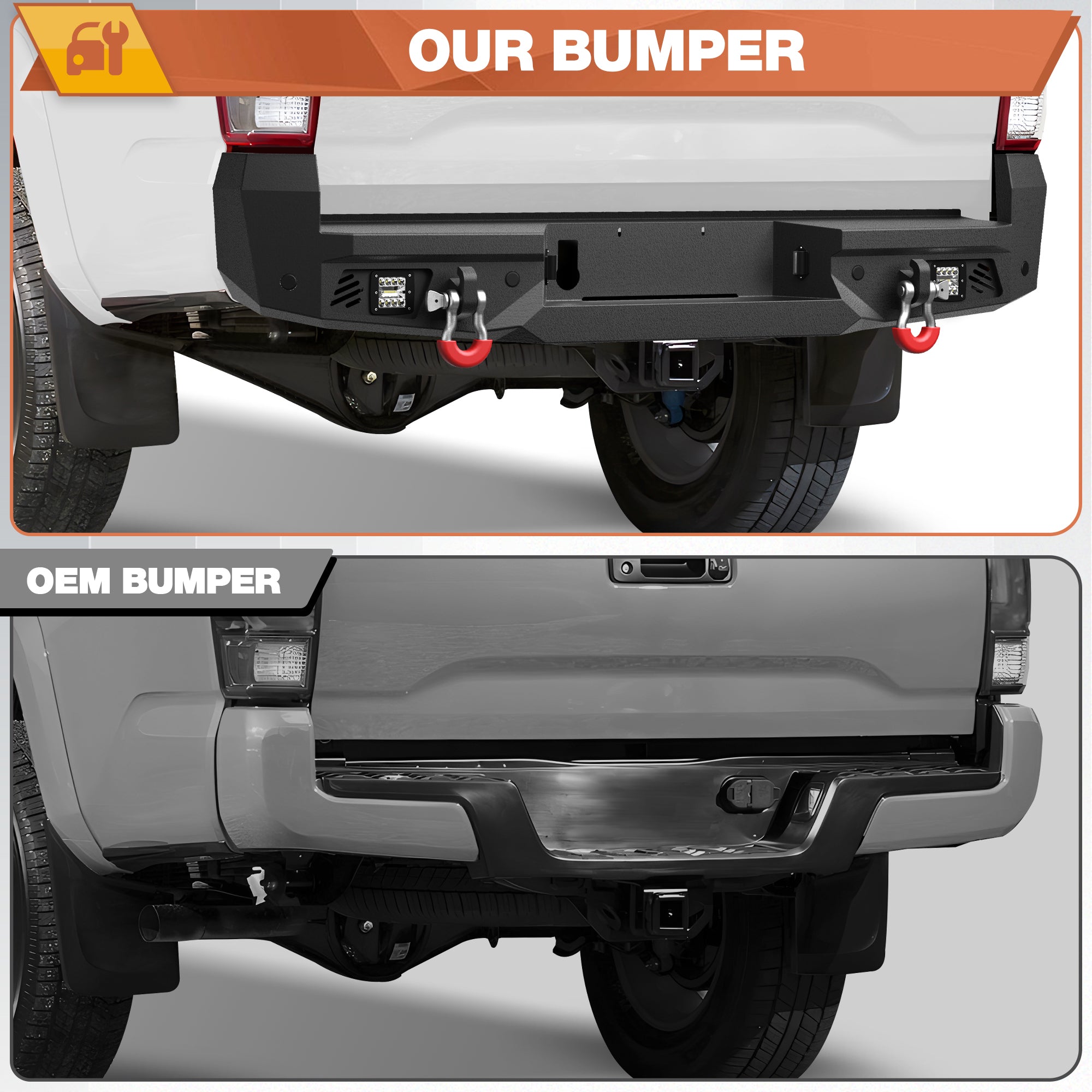 16-23 Tacoma Rear Bumper Full Width Offroad Bumper w/Step Plate, 2x18w Lights, D-rings, License Plate Lights for 2016-2023 Tacoma 3rd Gen