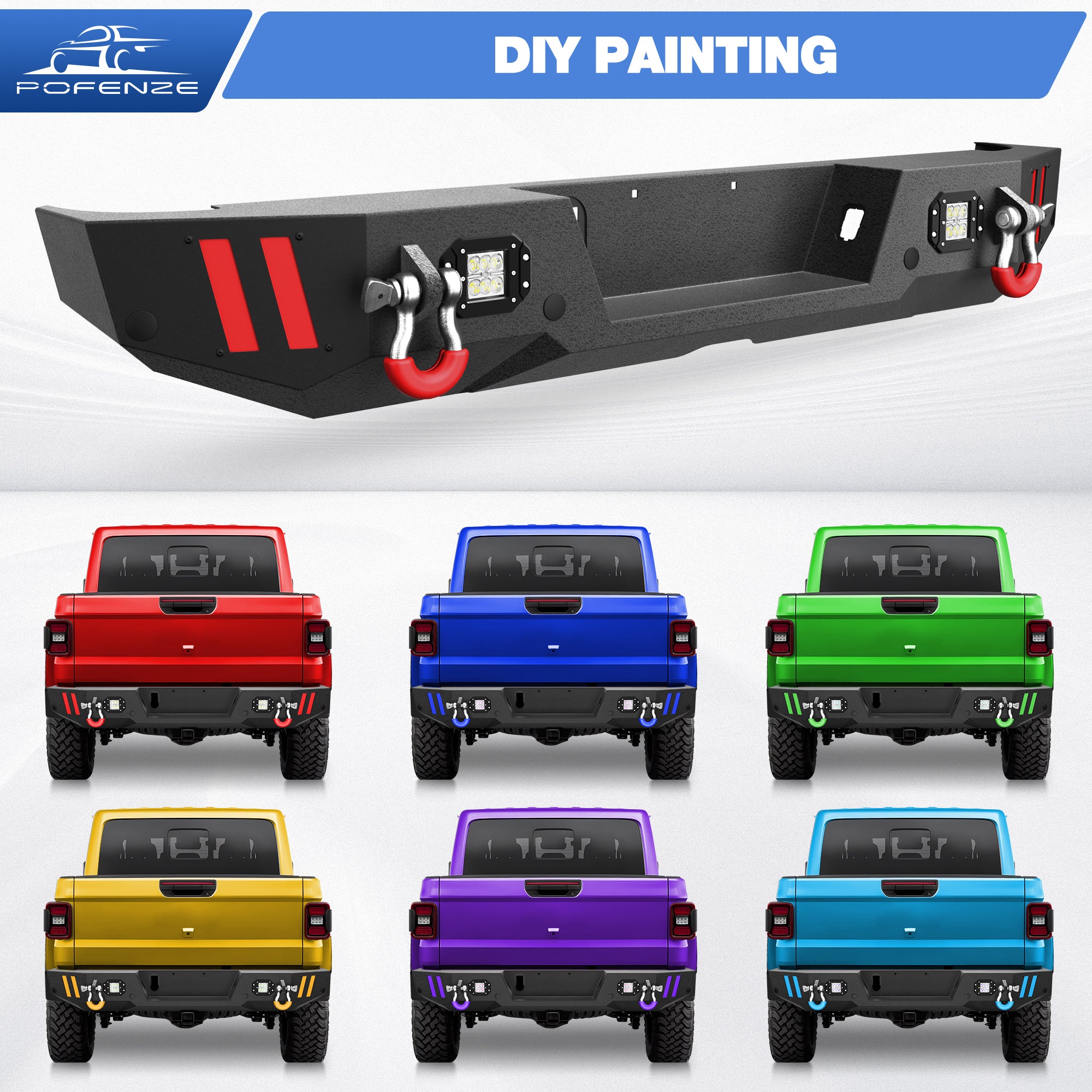 Rear Bumper Compatible with Jeep Gladiator JT 2020 2021 2022 2023 2024, Textured Black Pickup Truck Bumper for 2020-2024 Gladiator JT, with Step Plate, Lights, Sensor Holes and D-rings