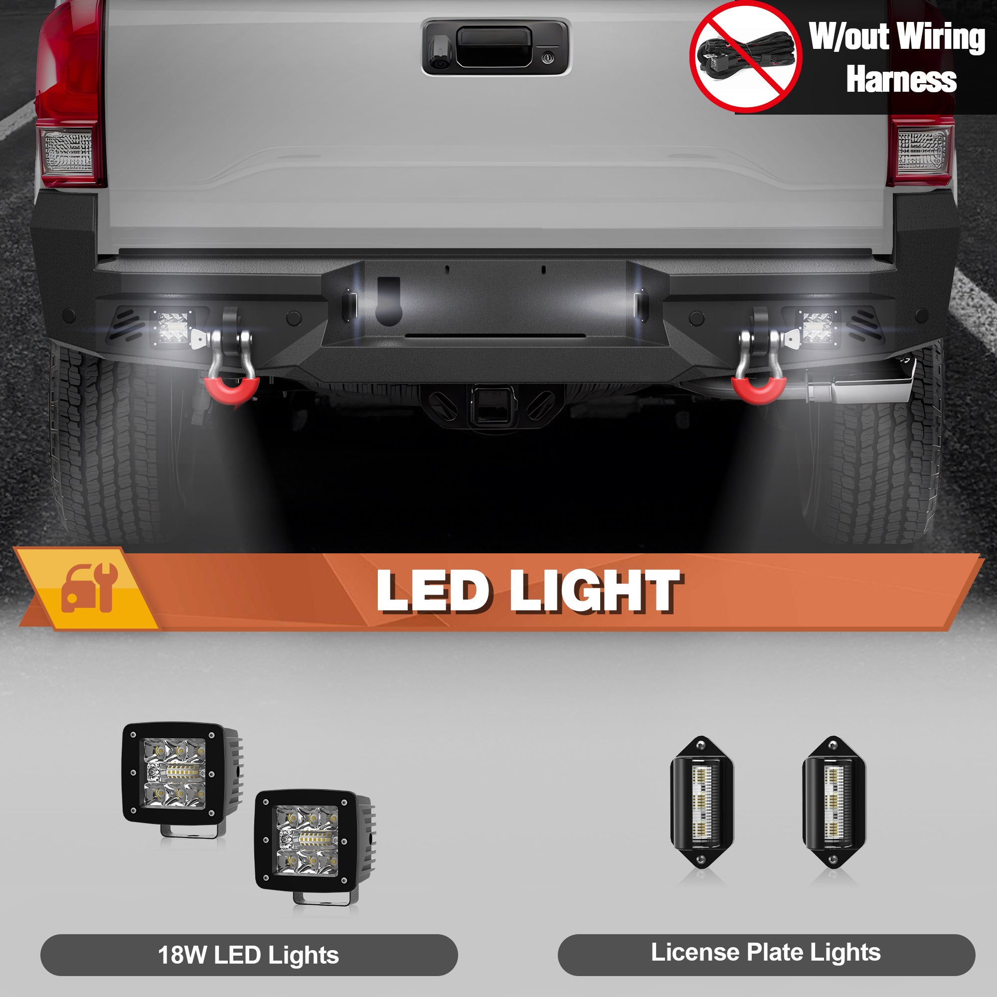 16-23 Tacoma Rear Bumper Full Width Offroad Bumper w/Step Plate, 2x18w Lights, D-rings, License Plate Lights for 2016-2023 Tacoma 3rd Gen