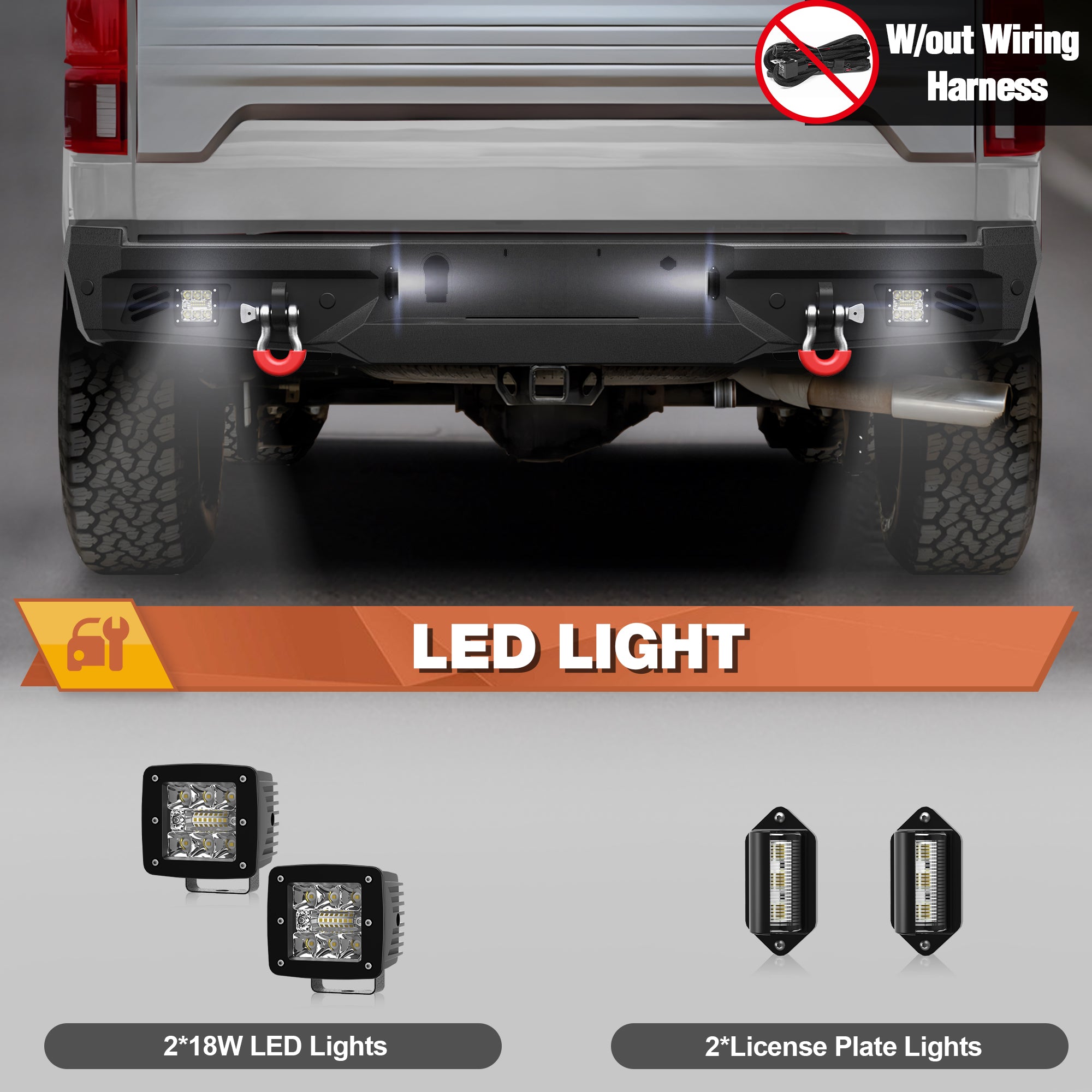 Rear Bumper for 2018-2020 Ford F150 Pickup Trucks Full Width Offroad Bumper w/Step Plate, 2x18w Lights, D-rings, License Plate Lights (Excluding Raptor)