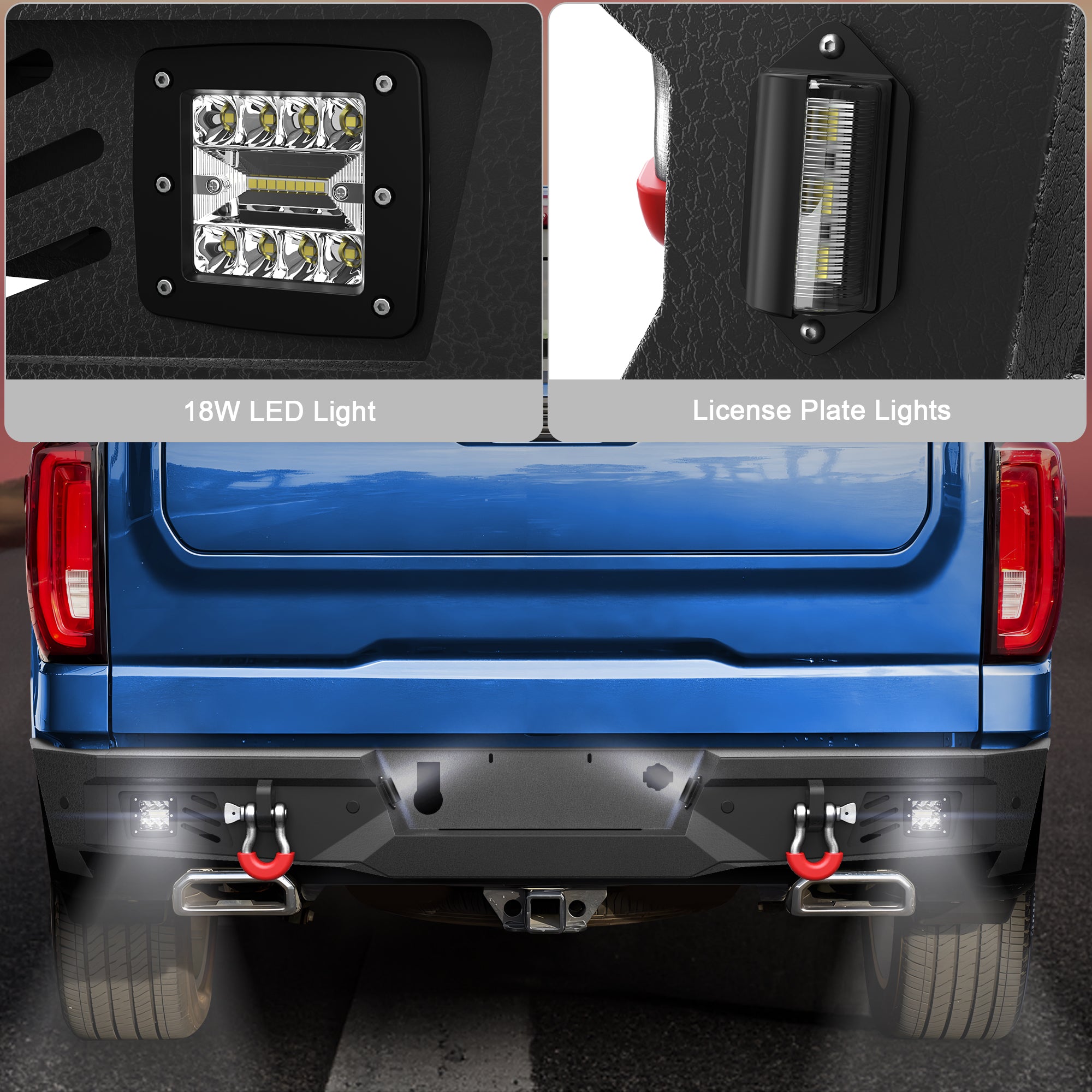 Rear Bumper for 2019-2024 Chevy Silverado/GMC Sierra 1500 Full Width Offroad Bumper w/Step Plate, 2x18w Lights, D-rings, License Plate Lights for 2019-2024 Chevy Silverado and GMC Sierra 1500 Trucks