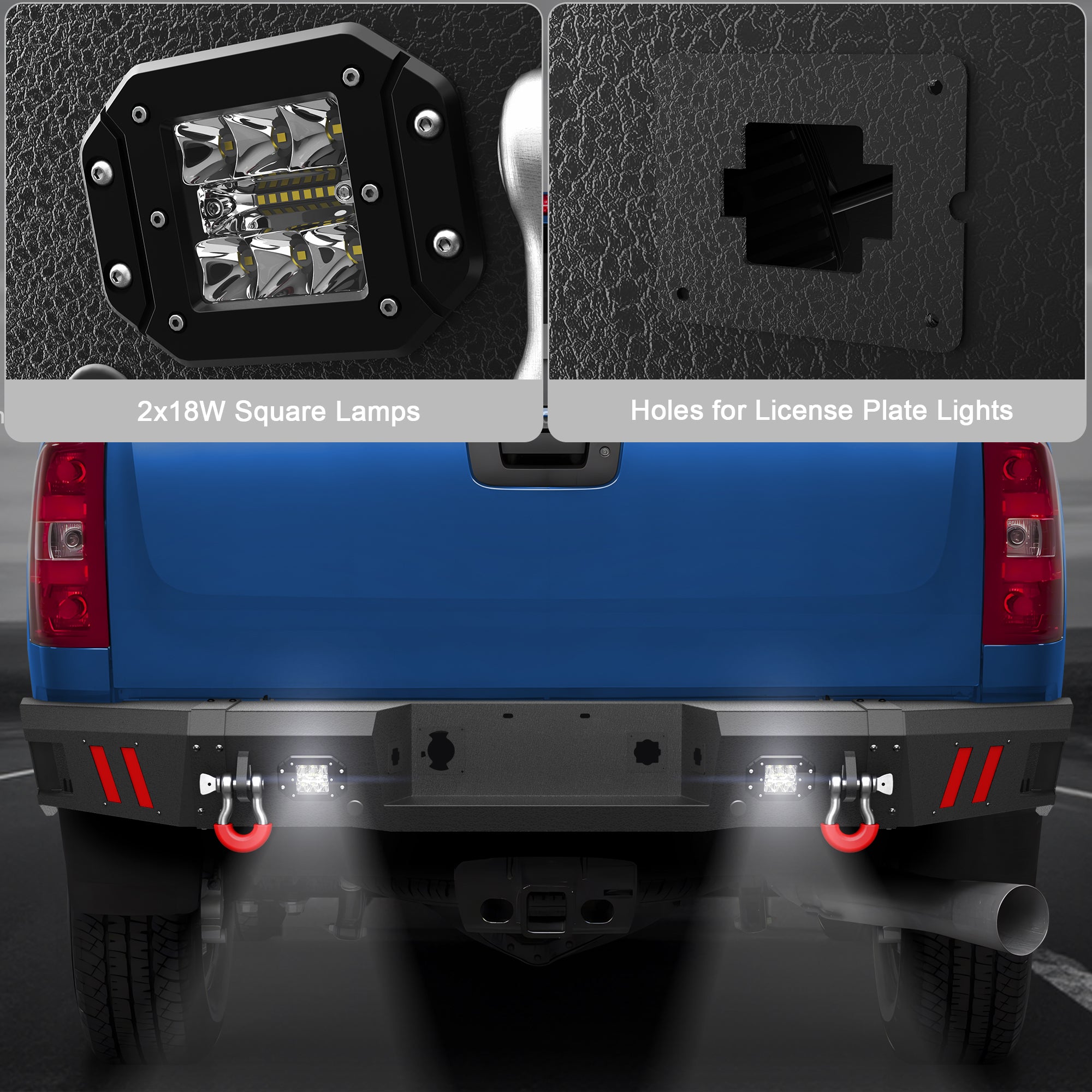 Rear Bumper for 2011-2014 Chevy Silverado/GMC Sierra 2500/3500 Full Width Offroad Bumper w/Step Plate, 2x18w Lights, D-rings for 2011-2014 Chevy Silverado and GMC Sierra 2500/3500 Trucks