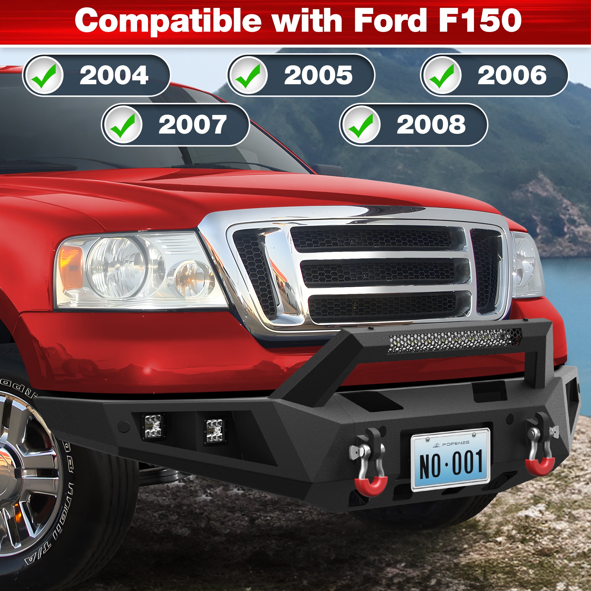 04-08 F150 Front Rear Bumper Set, Full Width Offroad Bumper w/Winch Plate, 144W Light Bar, 6x18w Fog Lights, D-rings, License Plate Bracket for 2004-2008 Ford F150 Truck