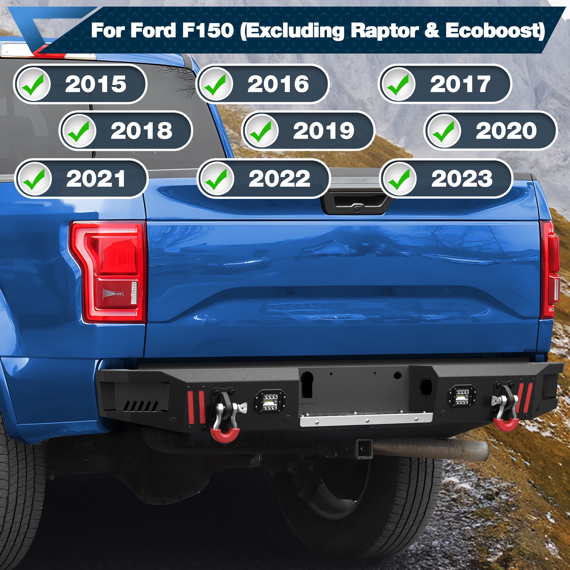 Rear Bumper Compatible with Ford F-150 2015-2023, Textured Black Pickup Truck F150 Bumper with Stainless Steel Step Plate, Lights and D-ring (Excluding Raptor & Ecoboost)